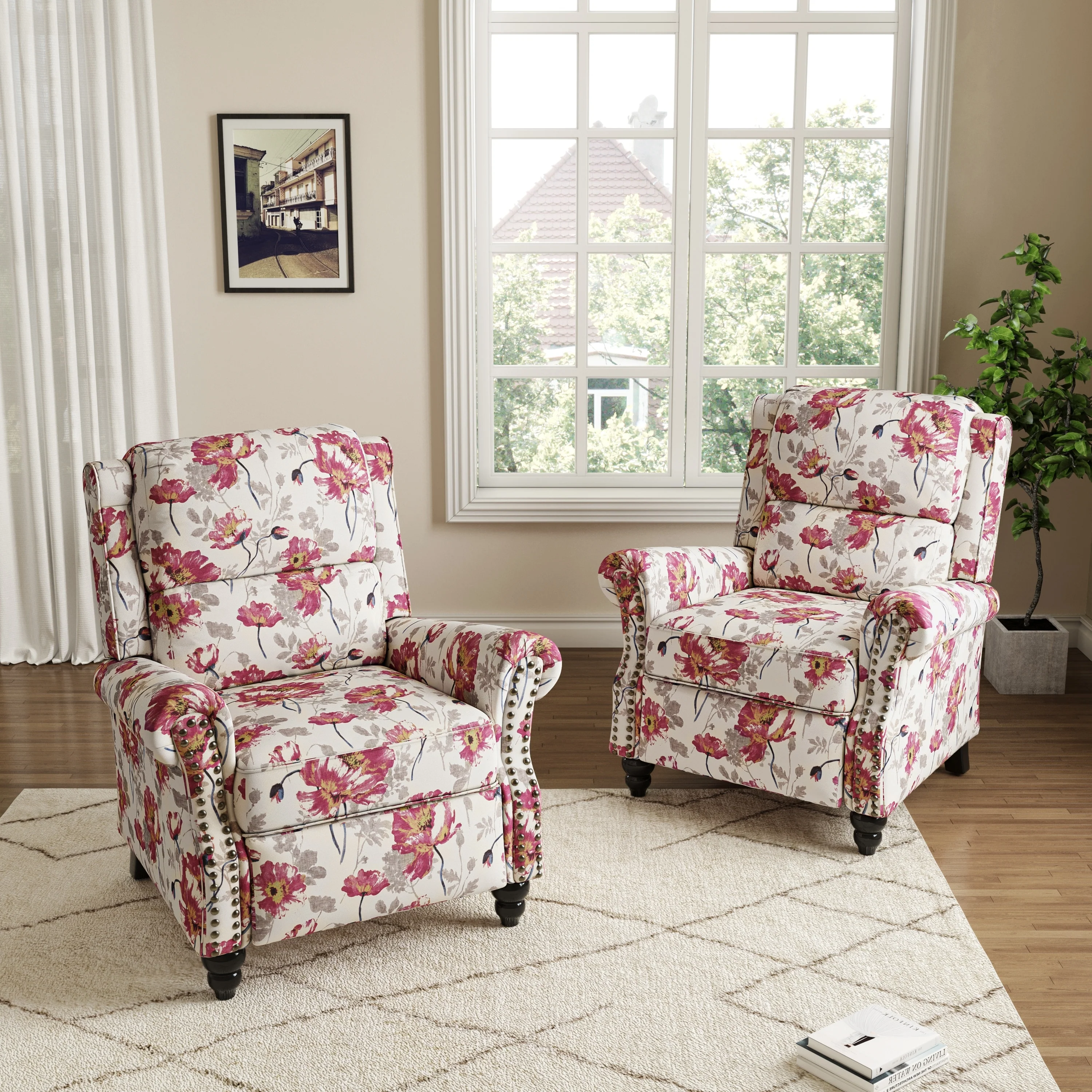 2 Set Manual Pushback Recliner Chair with Nailhead Trim