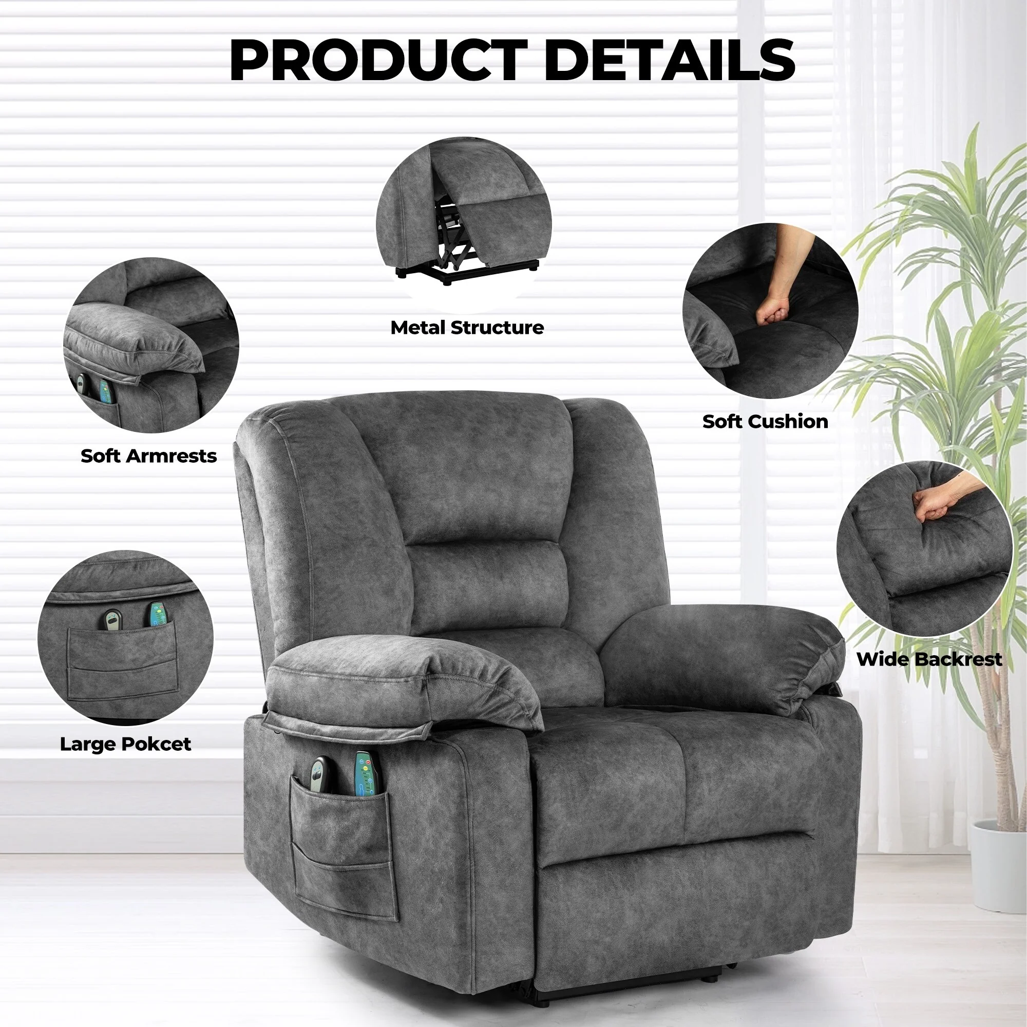 Grey Power Lift Recliner with Massage & Adjustable Positions