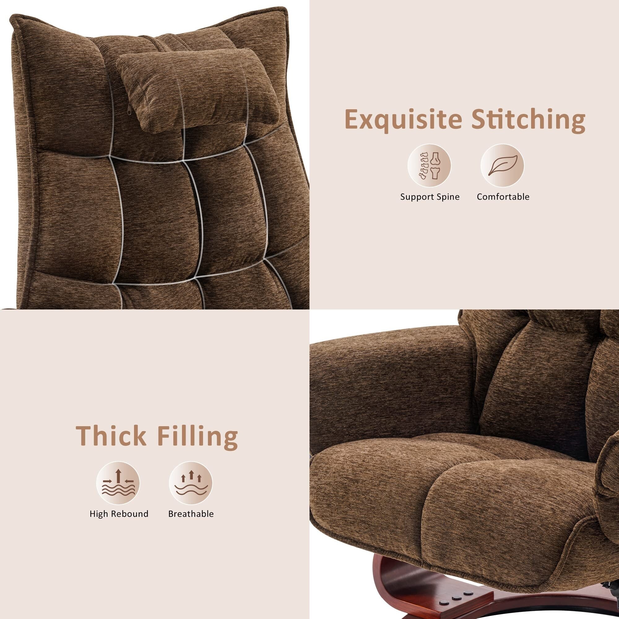 MCombo Swivel Recliner with Ottoman and Neck Pillow, Chenille Fabric