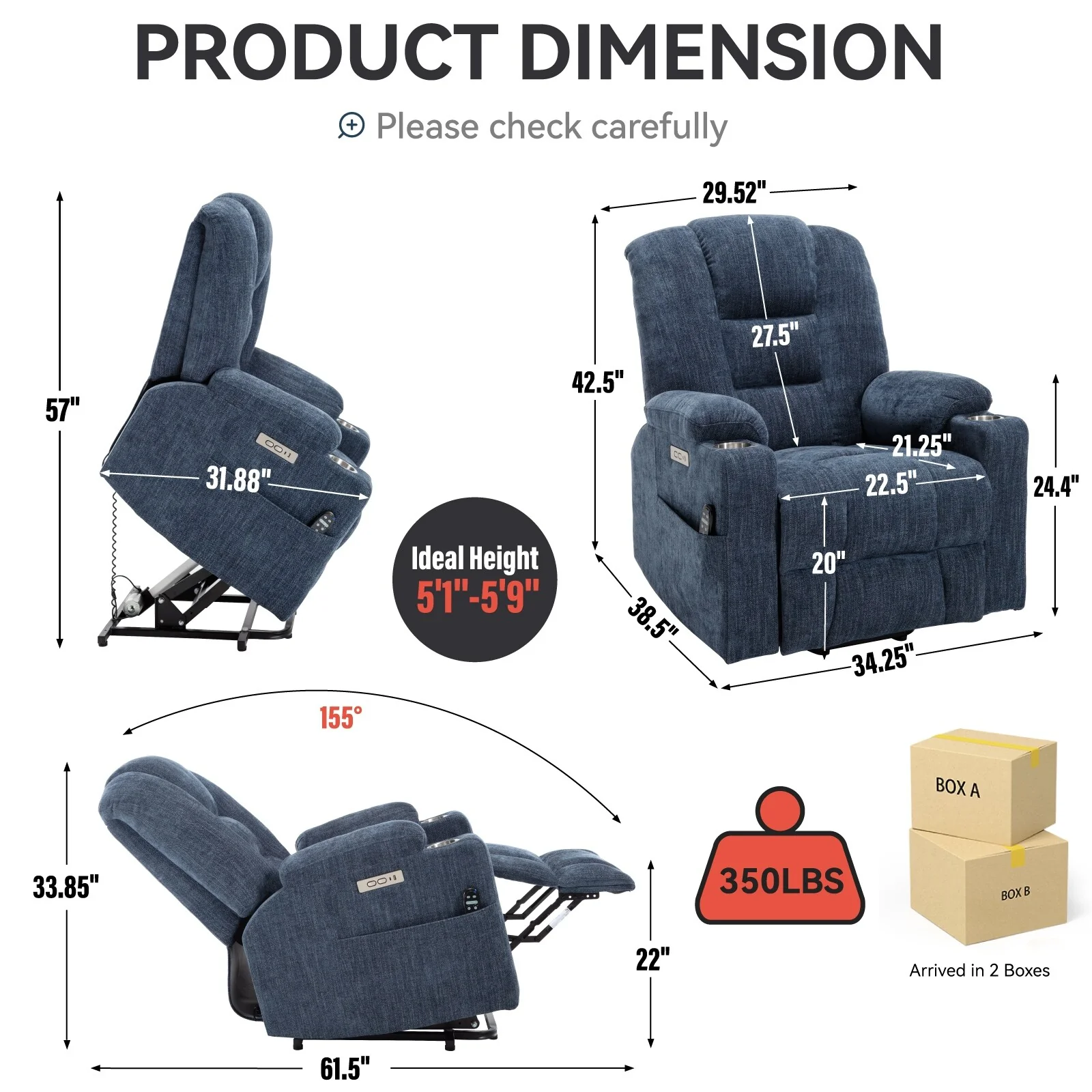 Power Lift Recliner Chair with Dual USB, Cup Holders & Chenille Fabric
