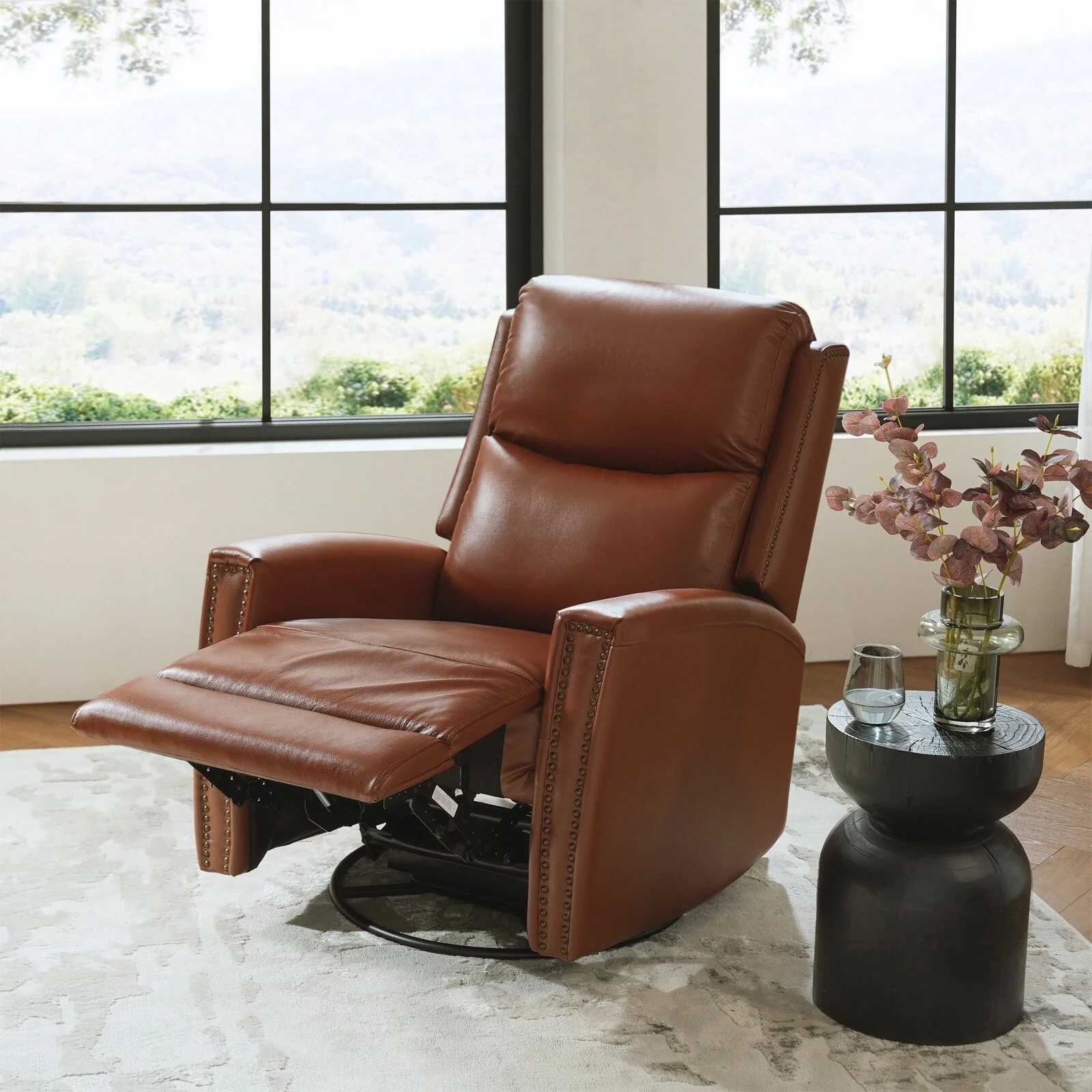 Fiacro 30.31Wide Modern Genuine Leather Wingback Swivel Rocker Recliner with Nailhead Trims