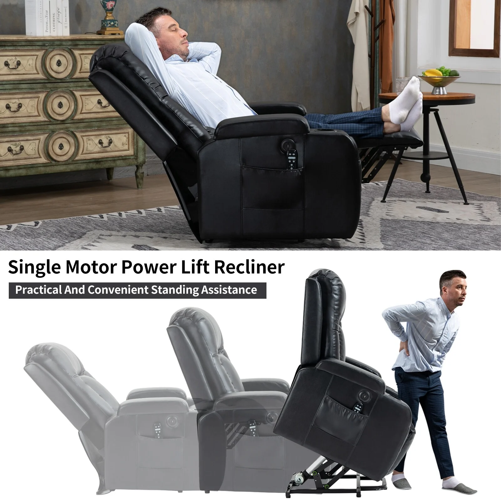 Black Power Lift Recliner with Massage, Lumbar Heat, USB, and Cup Holders