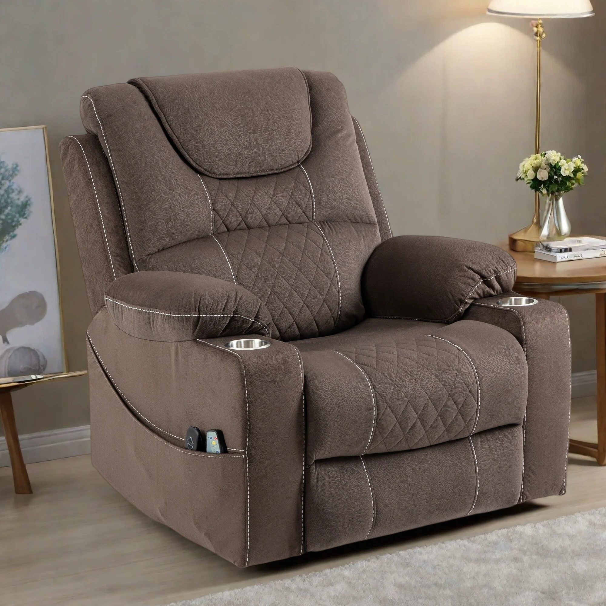 Standard Size Velvet Dual Motor Power Recliner Chair with Heat, Massage, and Dual Cup Holders