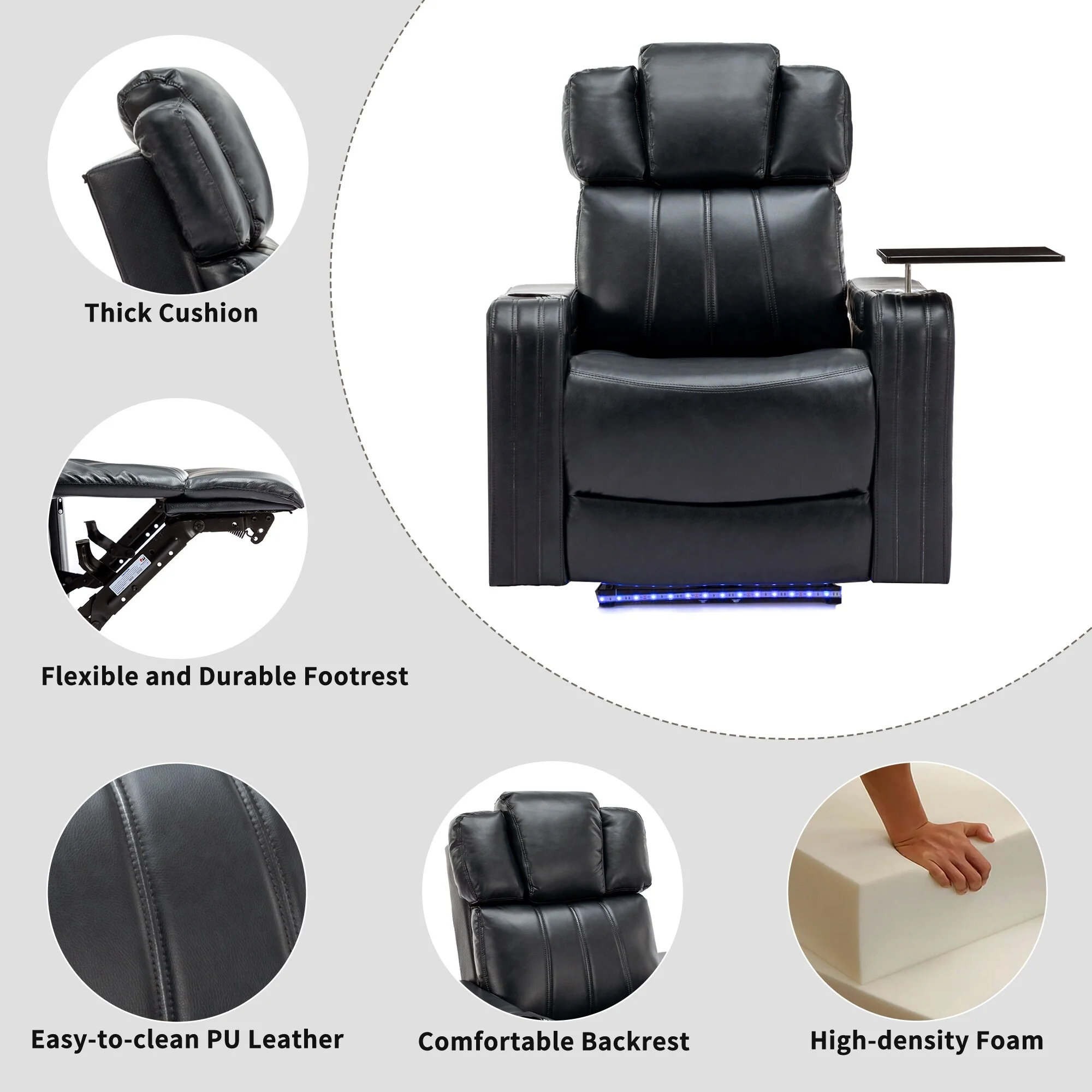 PU Leather Power Recliner Individual Seat Home Theater Recliner with Cooling Cup Holder, Bluetooth Speaker, LED Lights