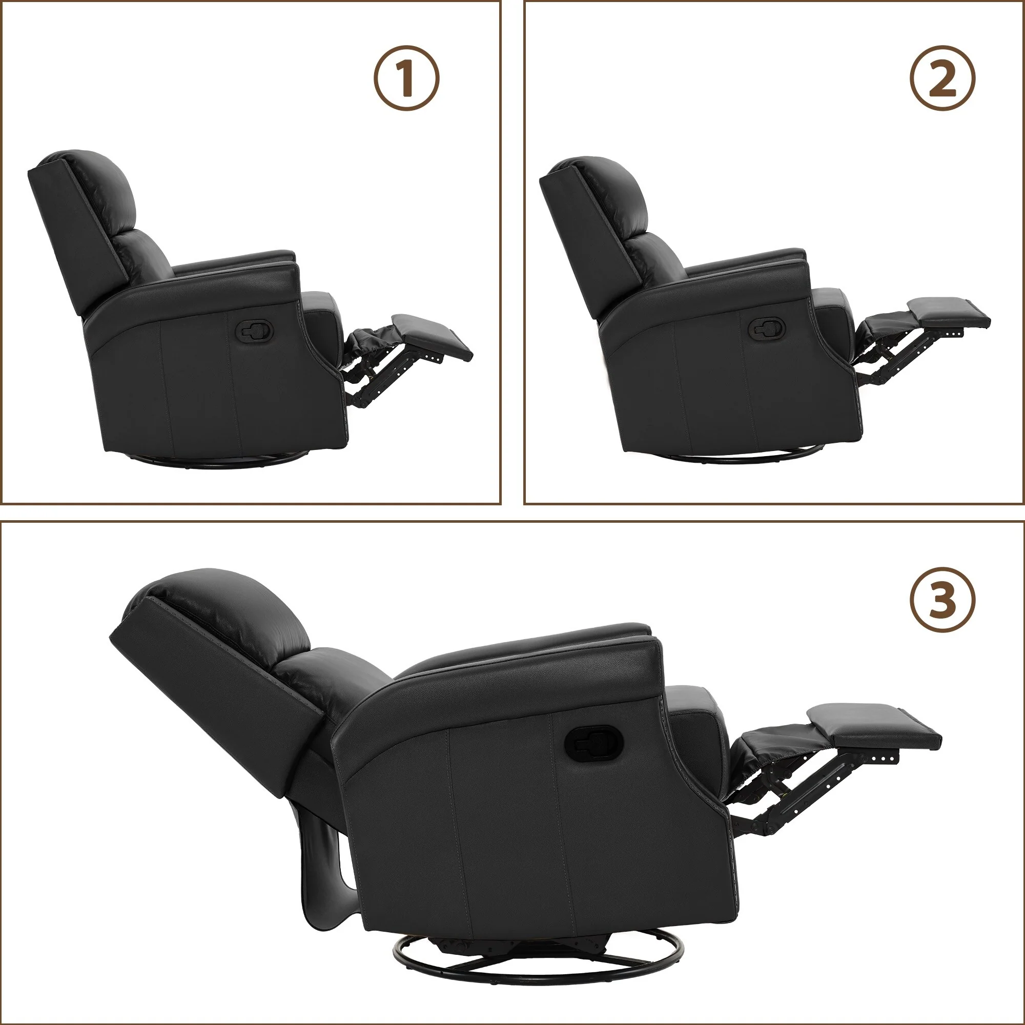 Genuine Leather Manual Rocking Recliner with 360-degree Metal Swivel Base