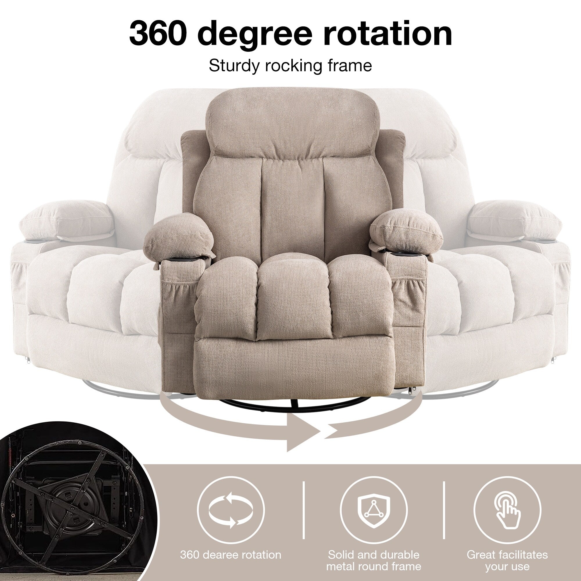 Beige 360-Degree Swivel Recliner with Massage and Heating, USB Charging, Dual Cup Holders, and Large Side Pockets