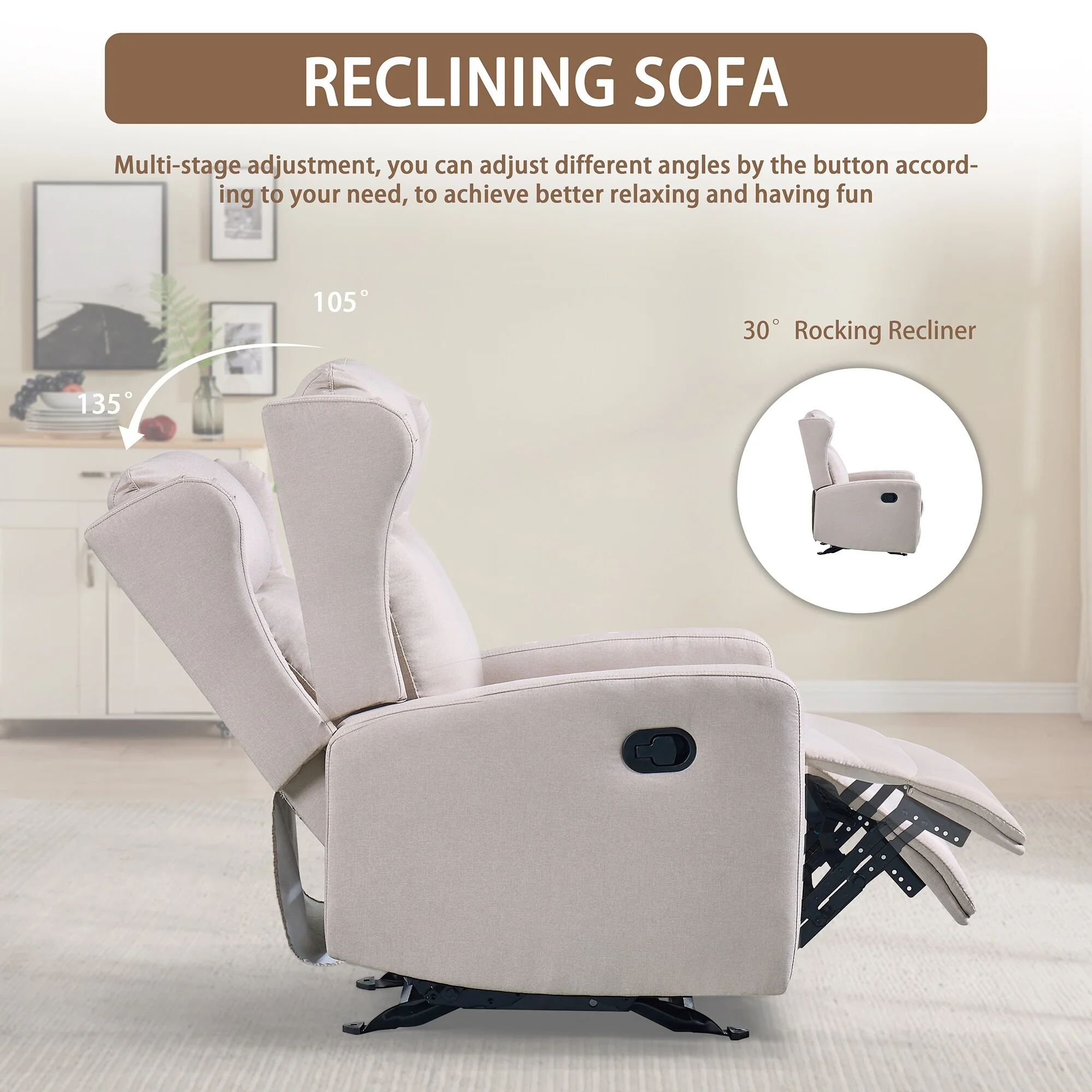 Adjustable Rocker Recliner Chair (90��-165��) - Premium Linen Upholstery with 30�� Gentle Rocking Motion