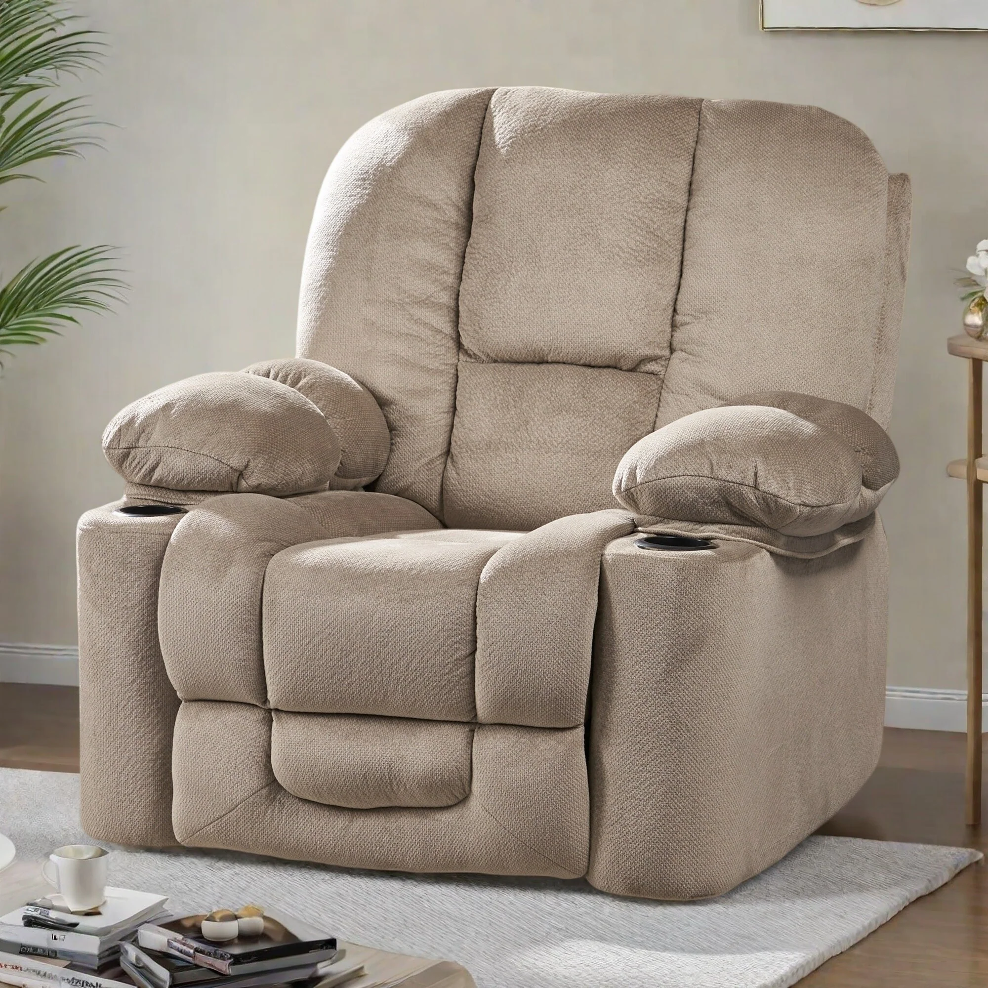 Fabric Manual Recliner Chair with Dual Cup Holders and Generous Padded Cushions