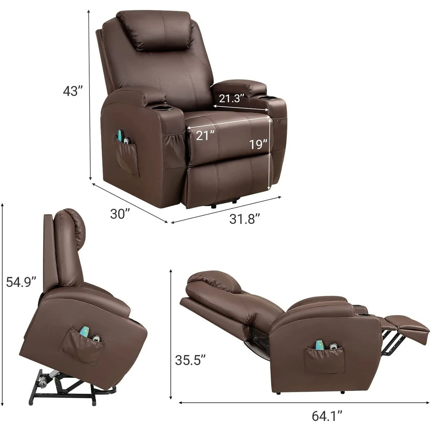 Furniwell Power Lift PU Leather Recliner with Massage and Heating