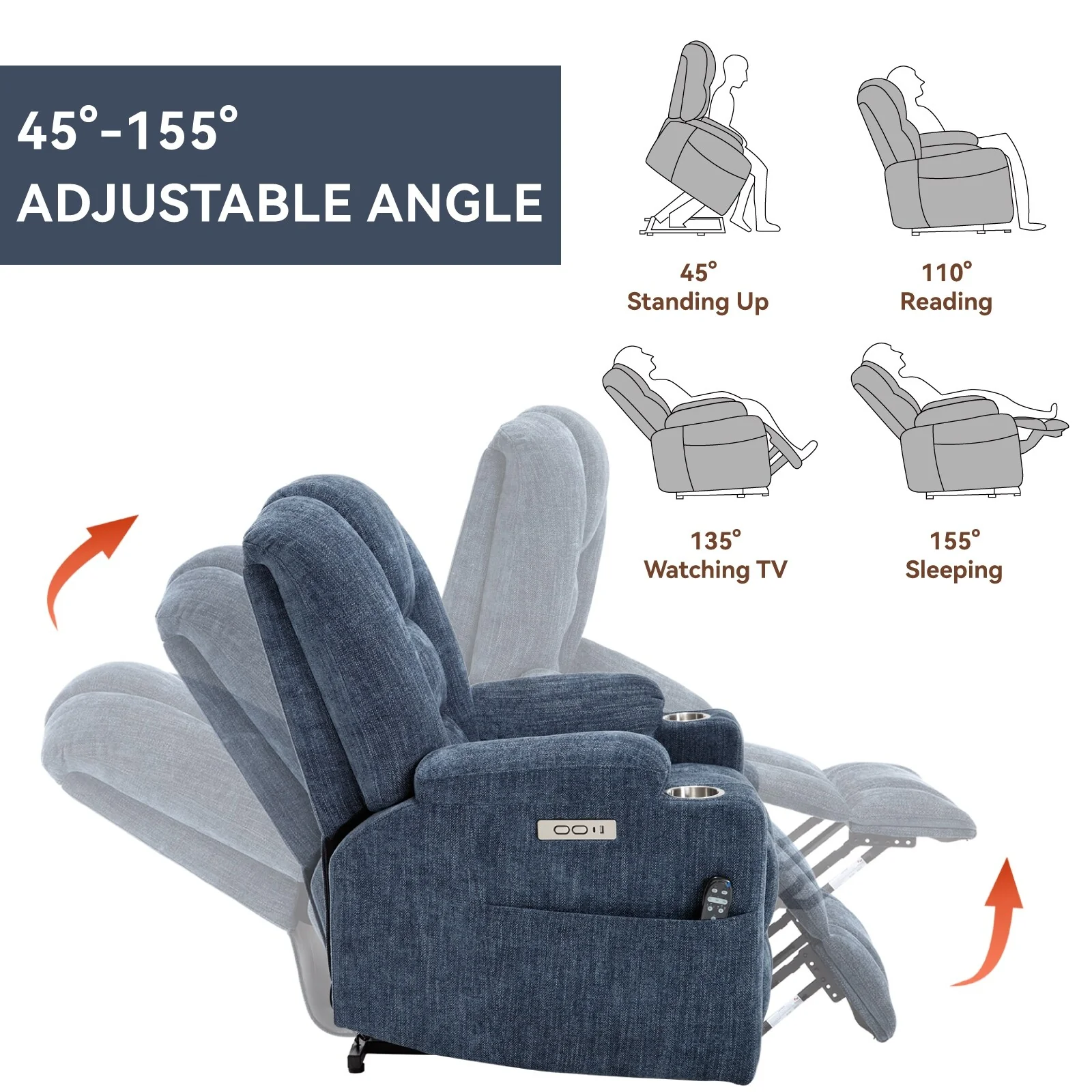 Power Lift Recliner Chair with Dual USB, Cup Holders & Chenille Fabric