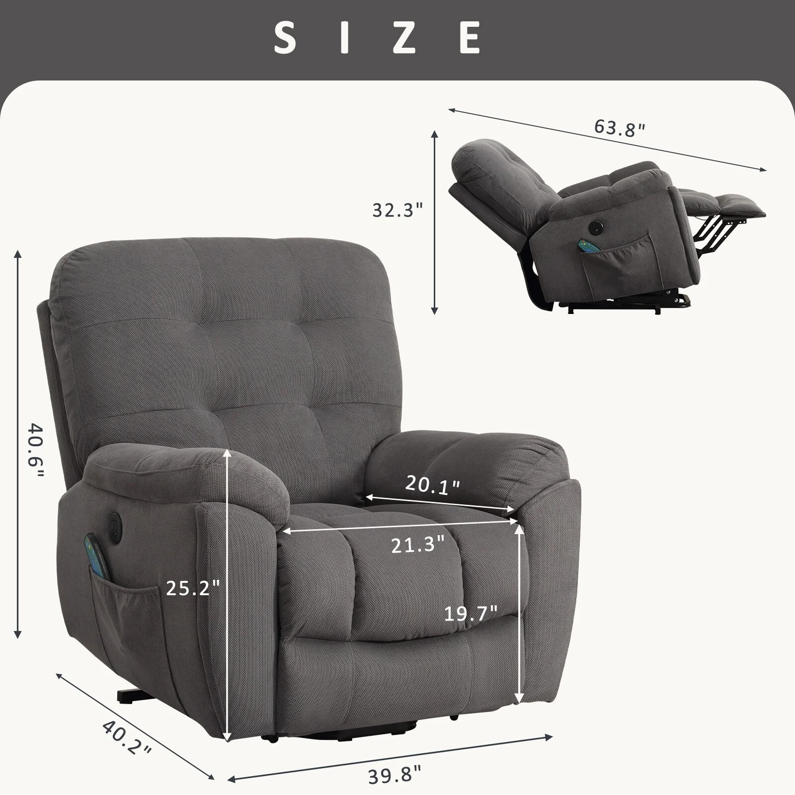Grey Power Lift Recliner with Vibration Massage, Heat, USB, and Hidden Cup Holders