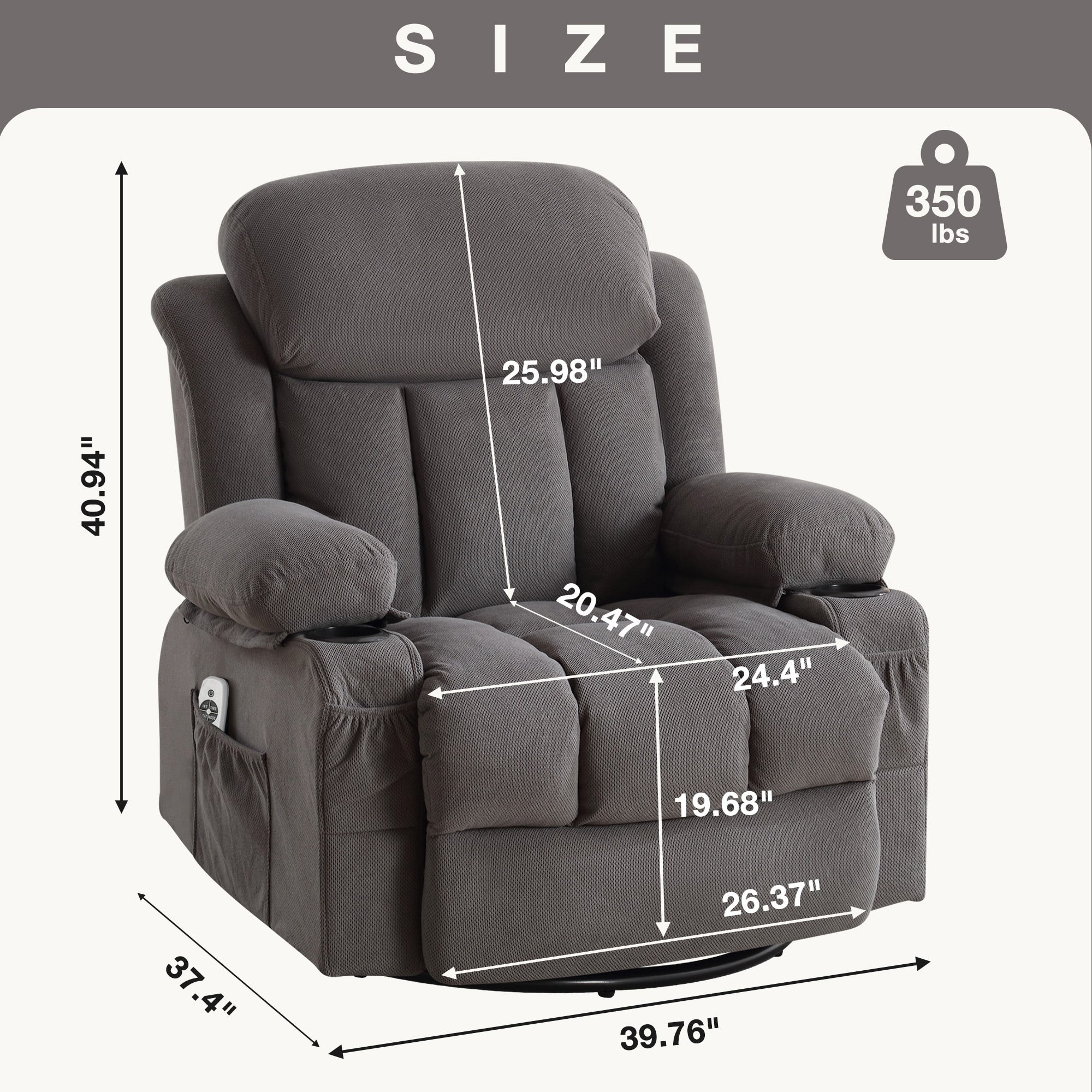 Swinging Recliner Massage Heated Sofa, With Usb And 2 Cup Holders In Side Pockets