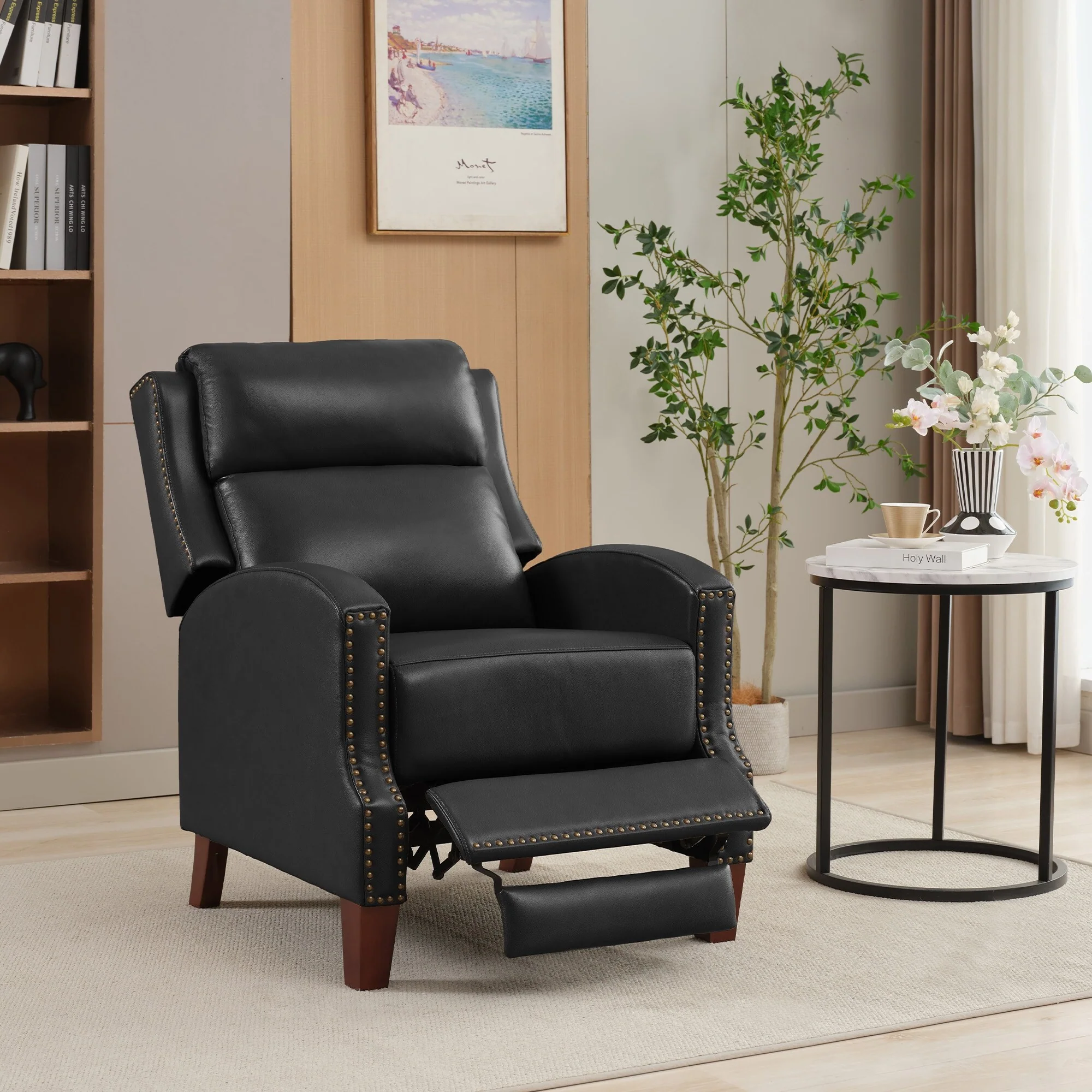 Genuine Leather Pushback Recliner with Multi-Angle Seat Back and Solid Wood Legs