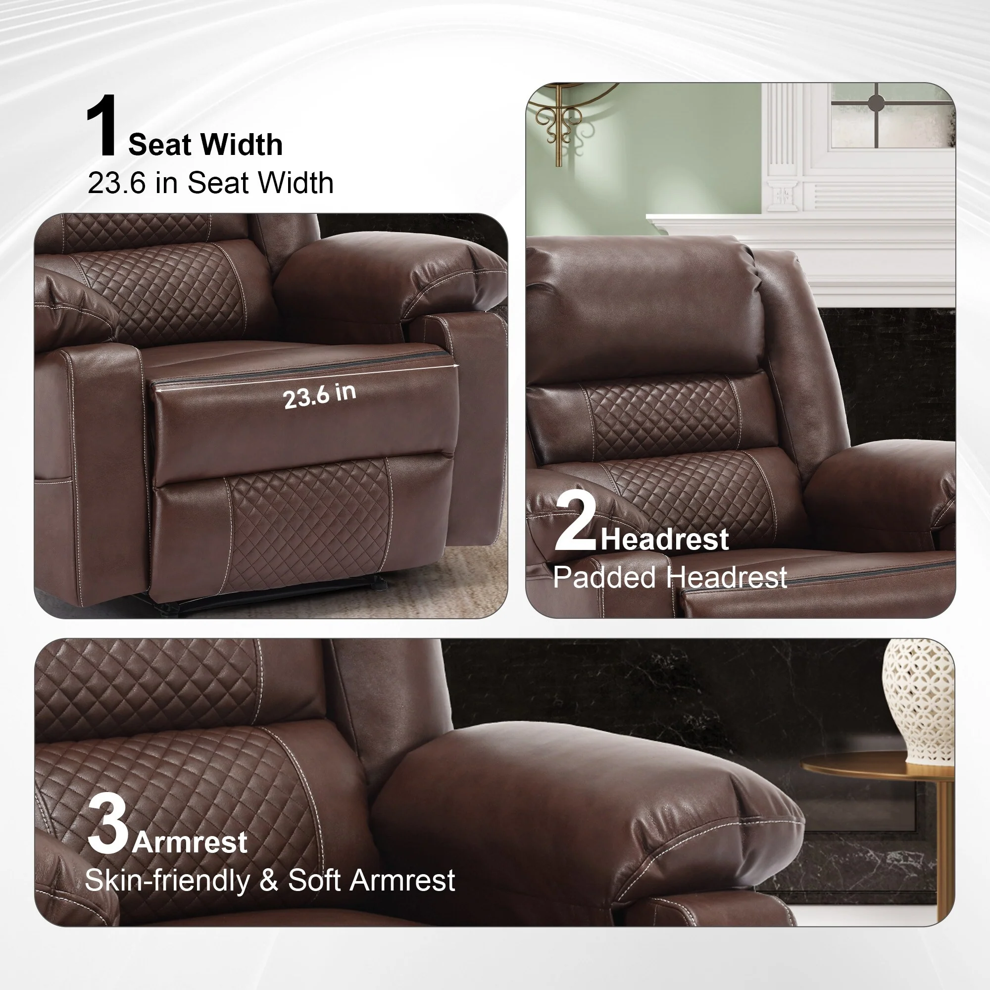 Brown Manual Leather Recliner with Massage, Heat, and Multi-Reclining Options