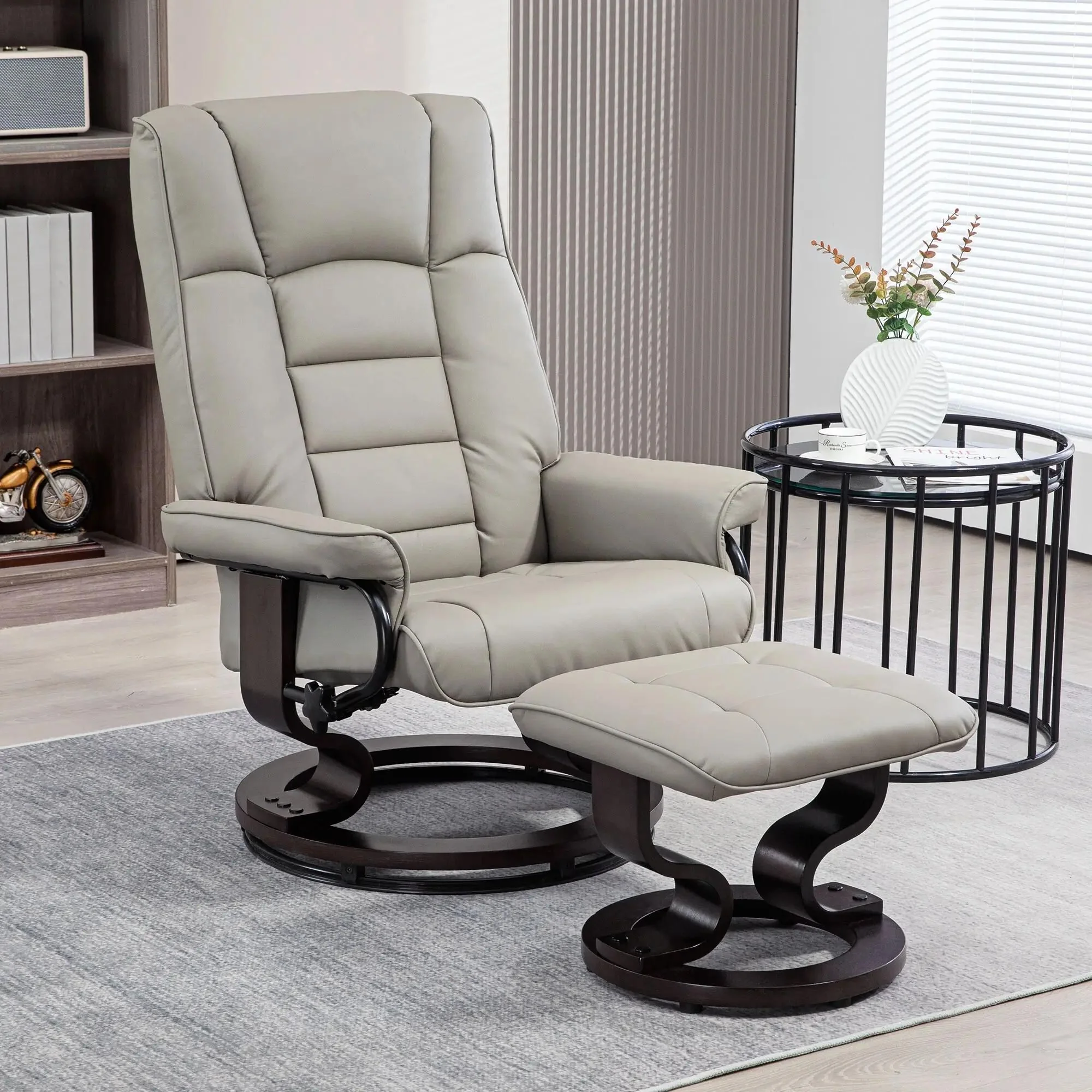 Faux Leather Swivel Recliner with Ottoman and Wood Base