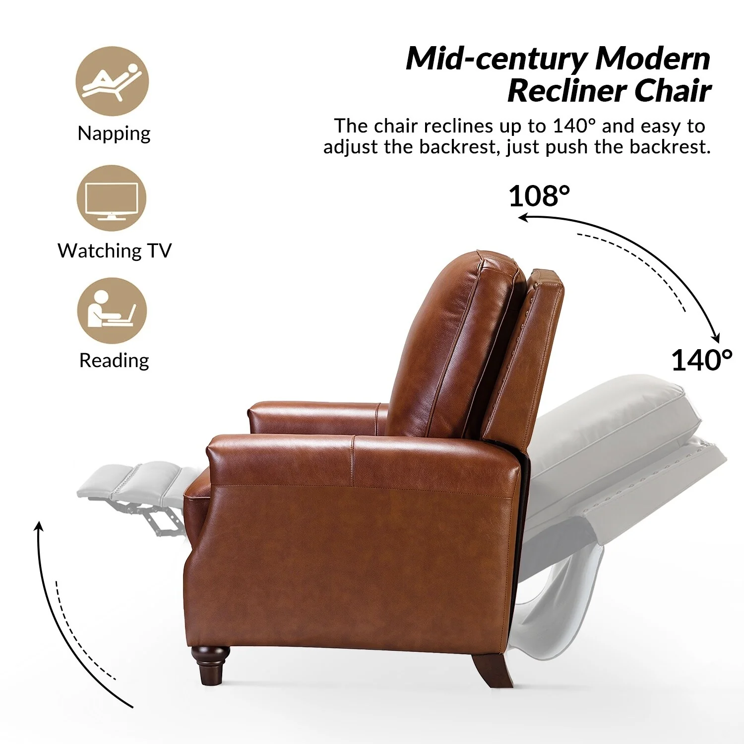 Cigar Mid-century Modern Genuine Leather Recliner with Nailhead Trim by HULALA HOME