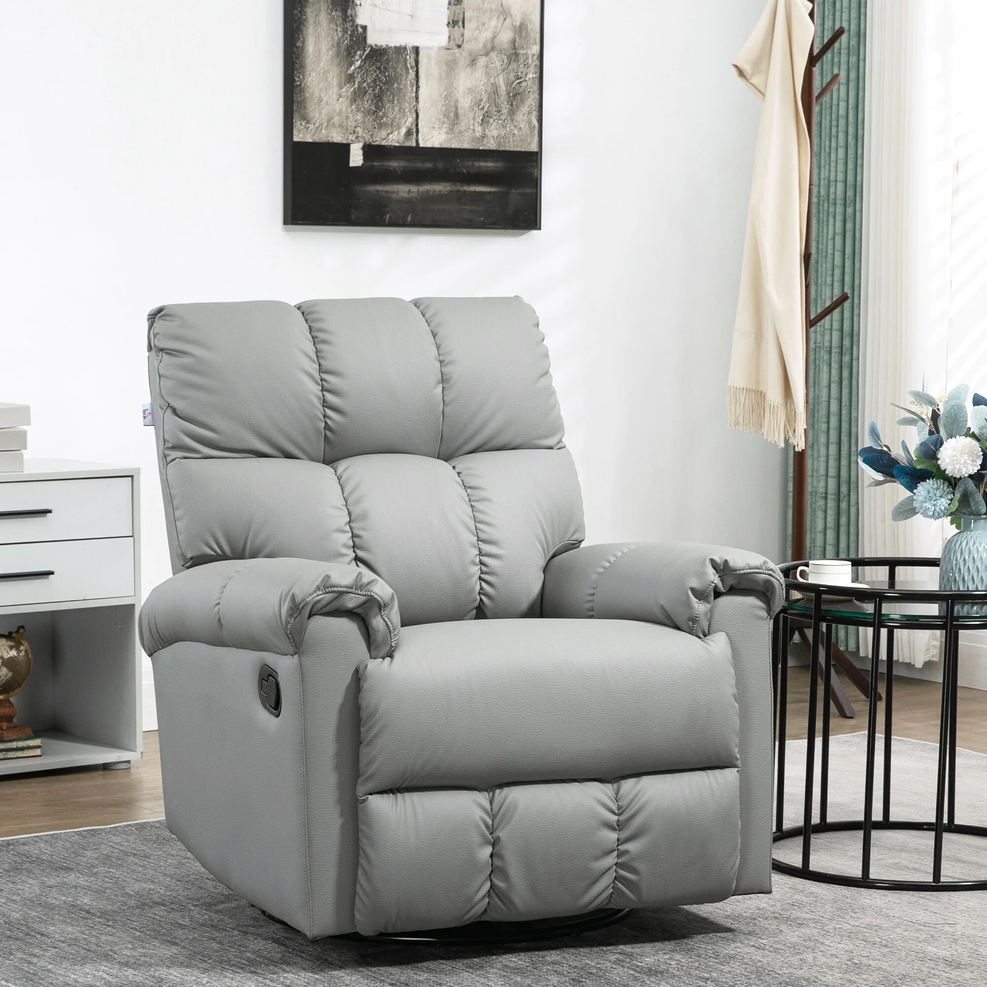 Grey Faux Leather Rocker Recliner Chair with Overstuffed Back, 360�� Swivel Base, Manual Recline, and Footrest