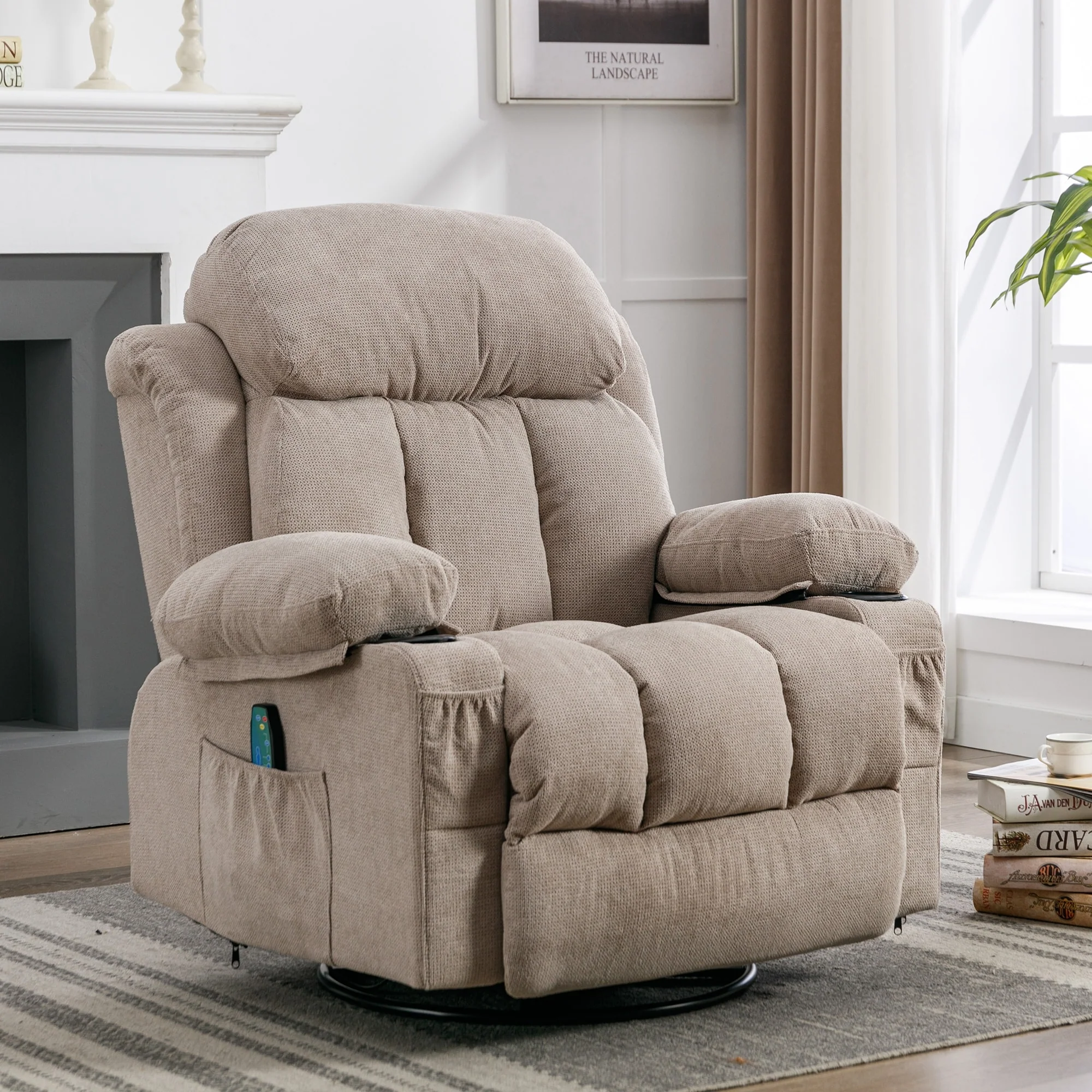360�� Swivel Recliner with Massage, Heat, USB Charging, Dual Cup Holders, and Spacious Side Pockets