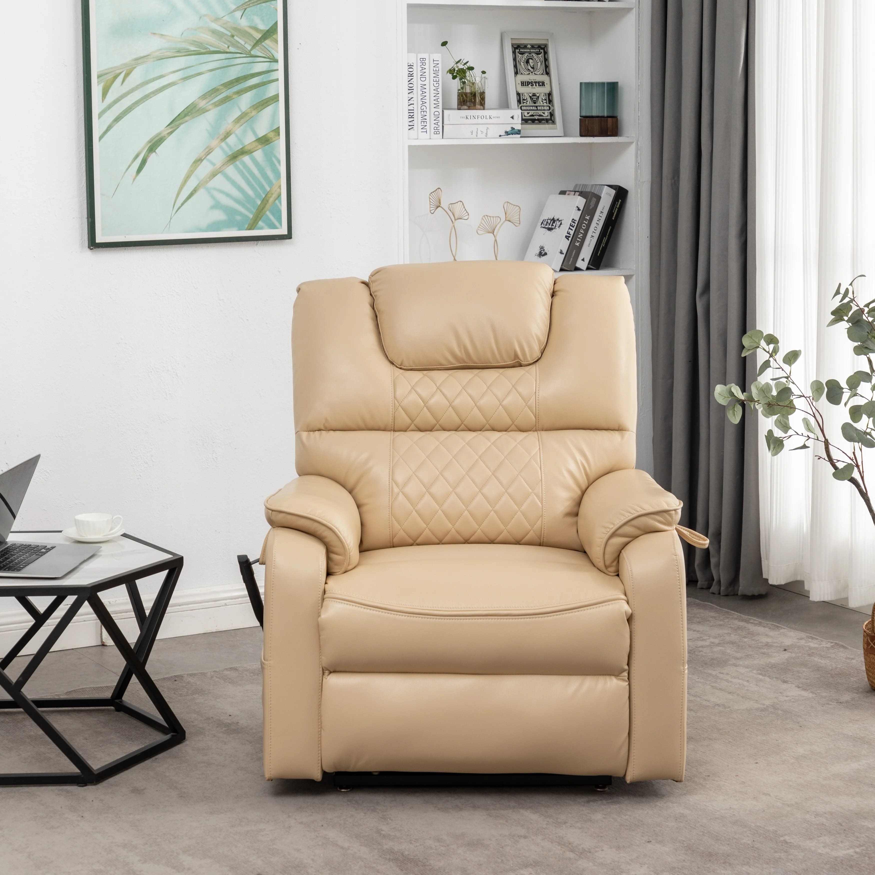 Beige PU Leather Power Lift Recliner, Massage, Flat Lay