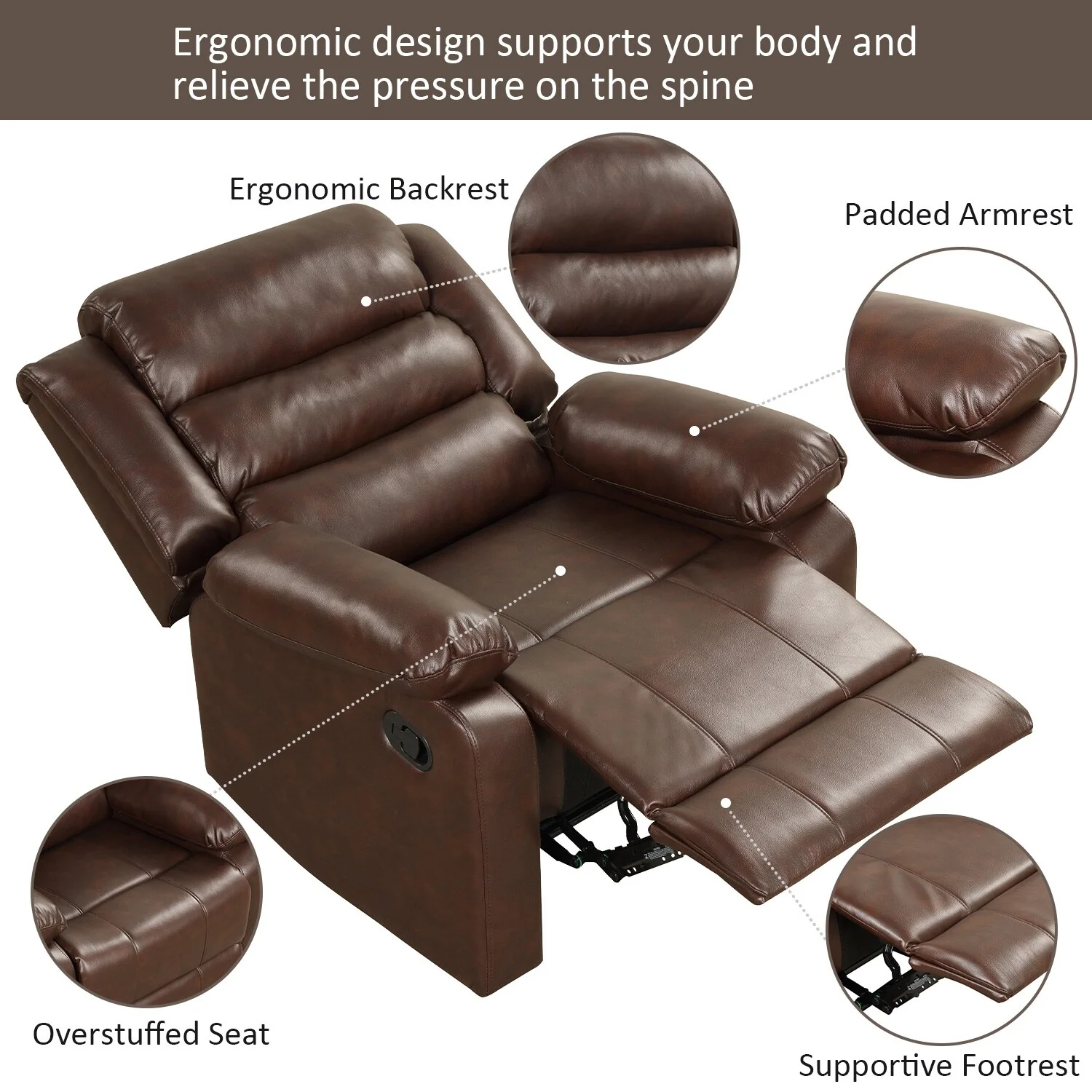 Breathable PU Leather Manual Recliner Chair with Overstuffed Arm and Back