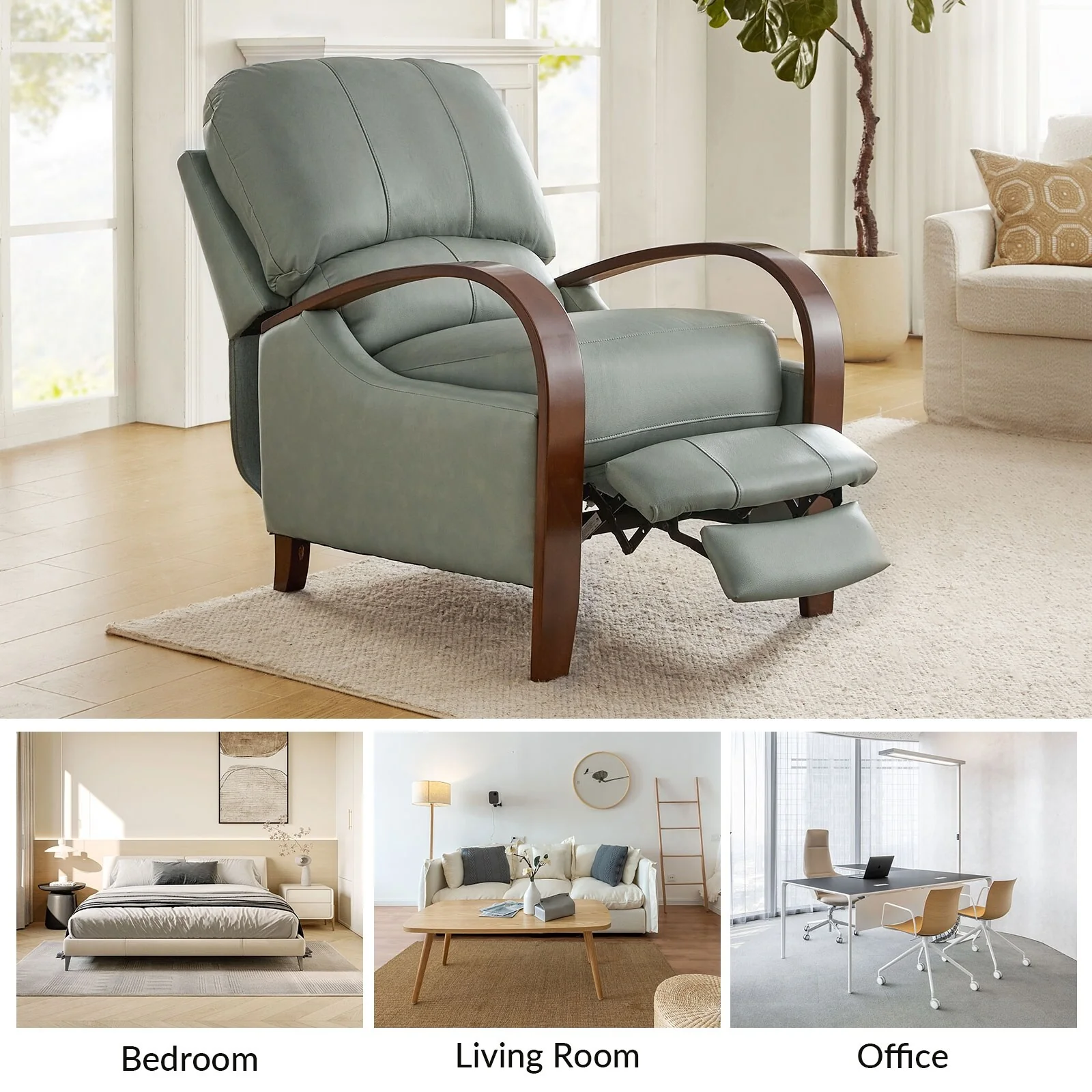 Alex Mid-century Modern Cigar Genuine Leather Manual Recliner with Wooden Curved Arms, Set of 2