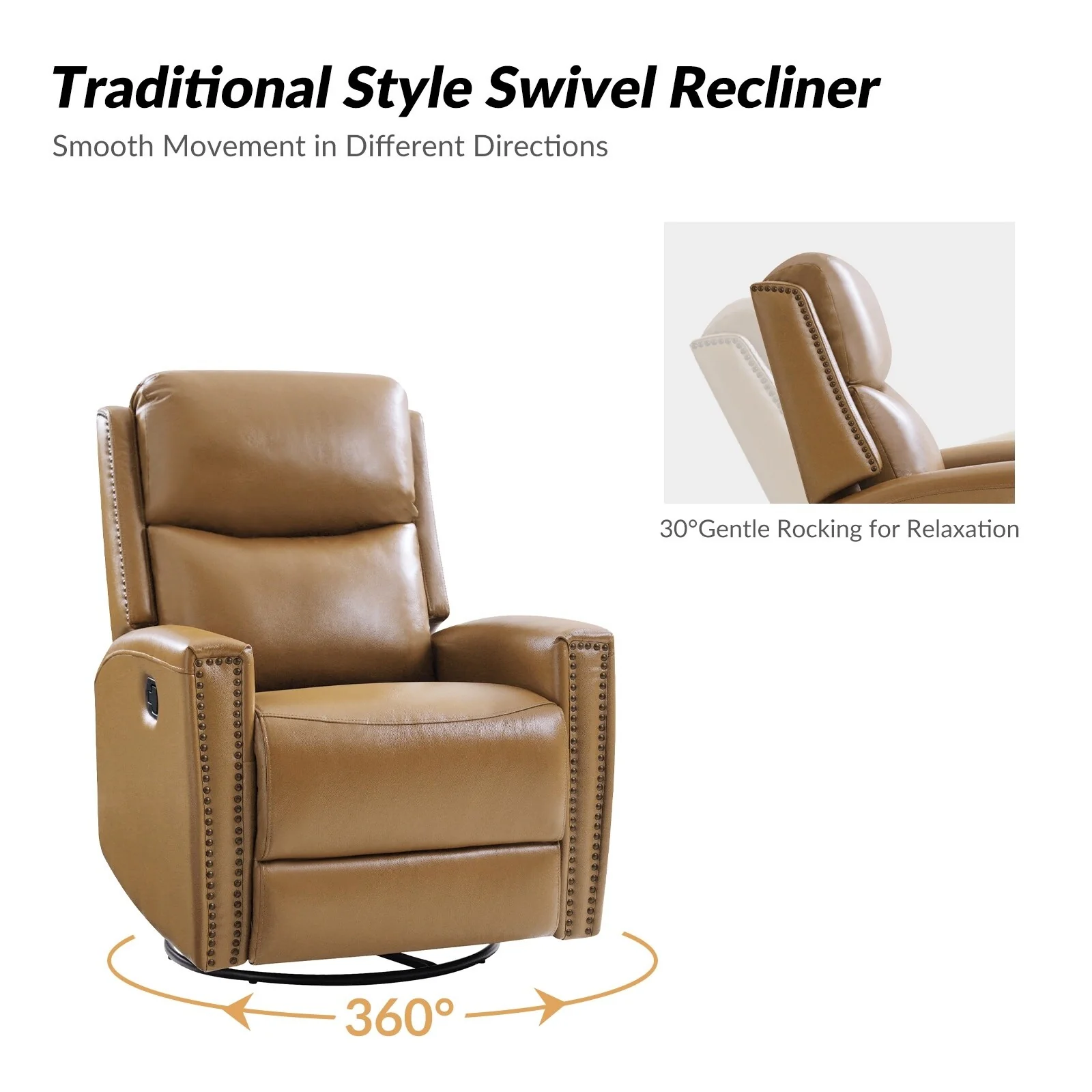 Fiacro 30.31Wide Modern Genuine Leather Wingback Swivel Rocker Recliner with Nailhead Trims
