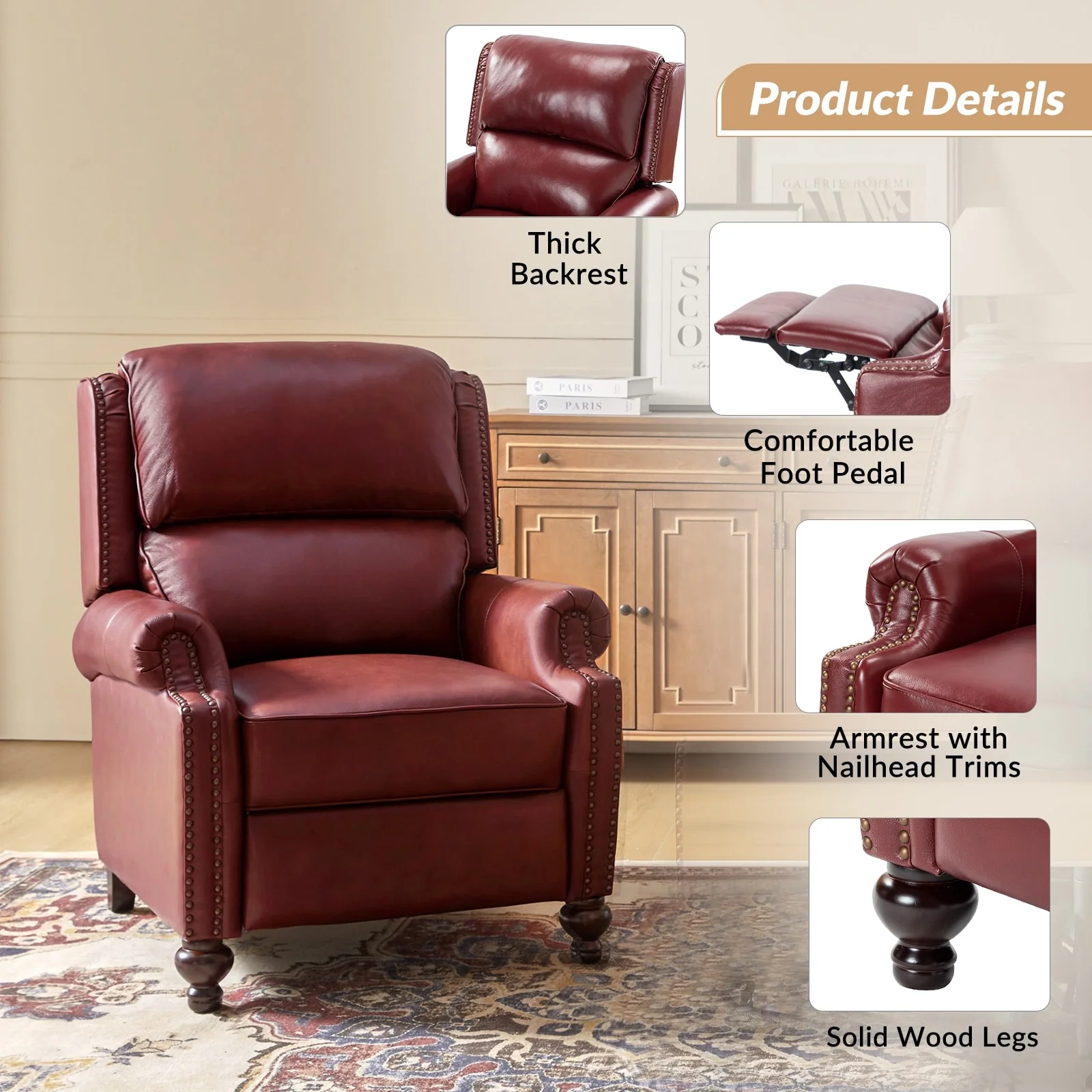 Gabriela Mid-Century Modern Genuine Leather Recliner with Tapered Block Feet by HULALA HOME