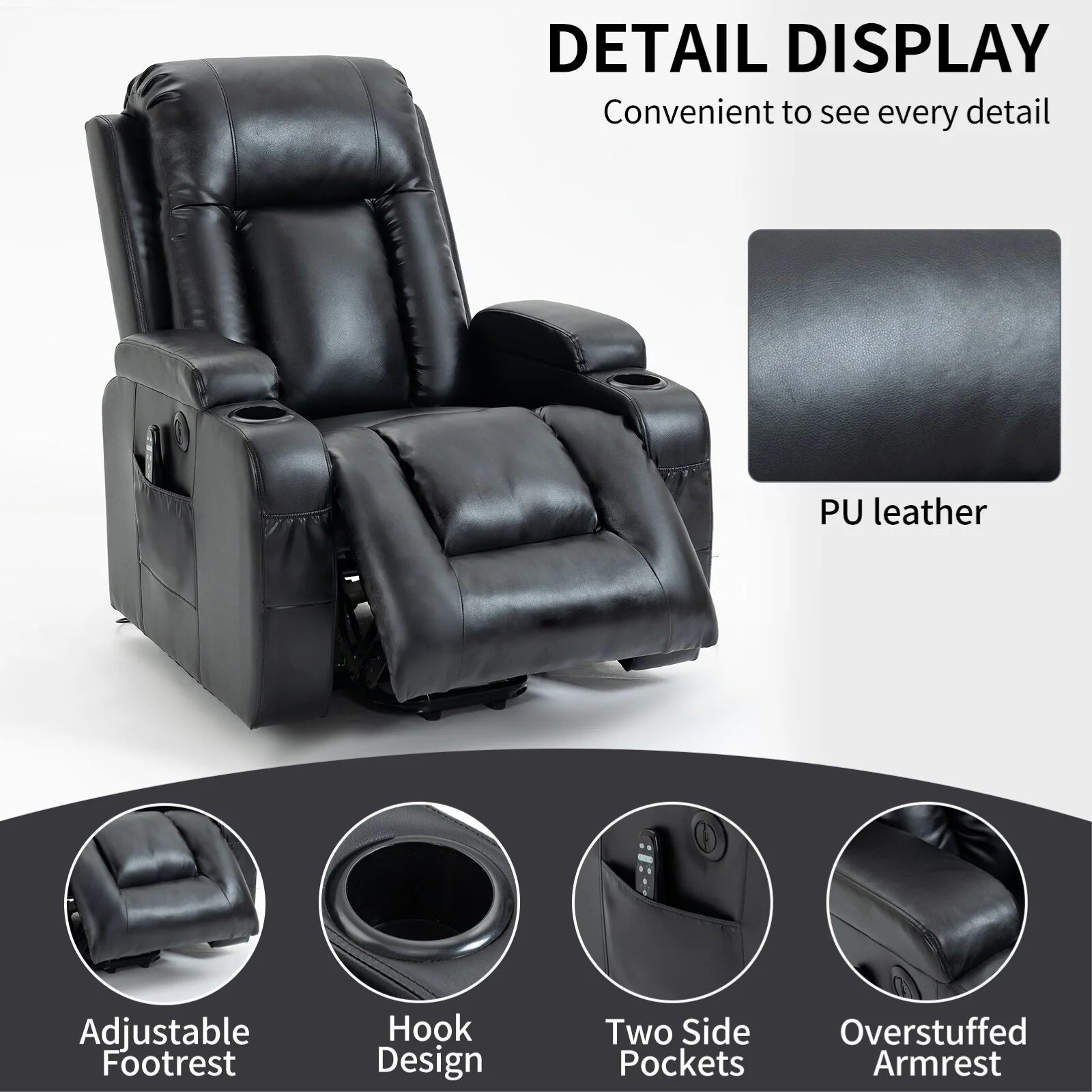 Black Power Lift Recliner Chair with 8-Point Massage, Lumbar Heating, USB Charging, Cup Holders, and Heavy Duty Mechanism