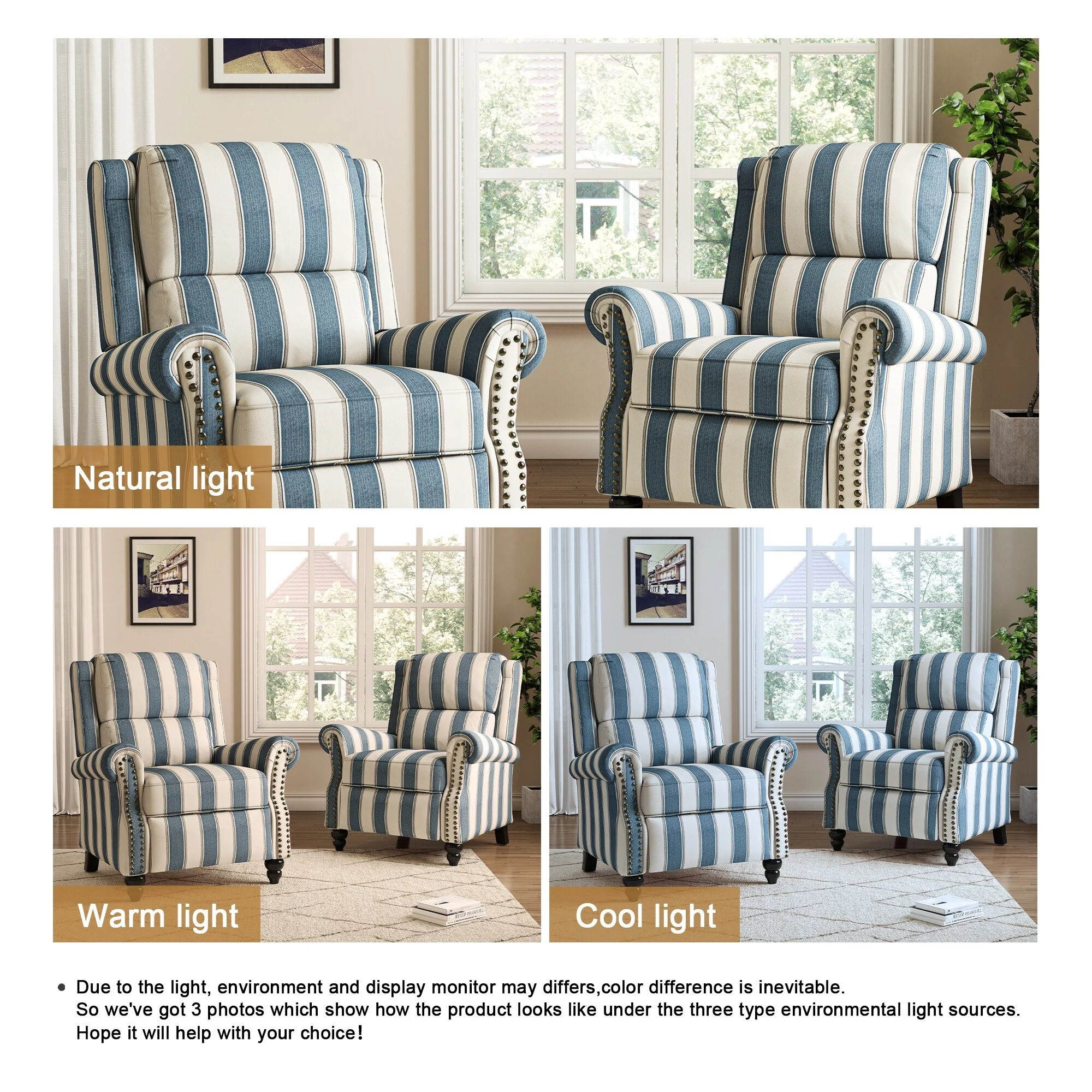 2 Set Manual Pushback Recliner Chair with Nailhead Trim