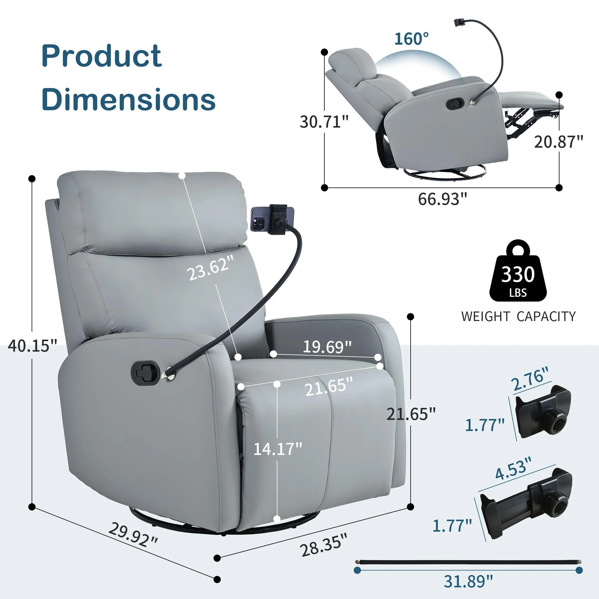 PU Leather 360�� Swivel Rocker Recliner with Phone Holder