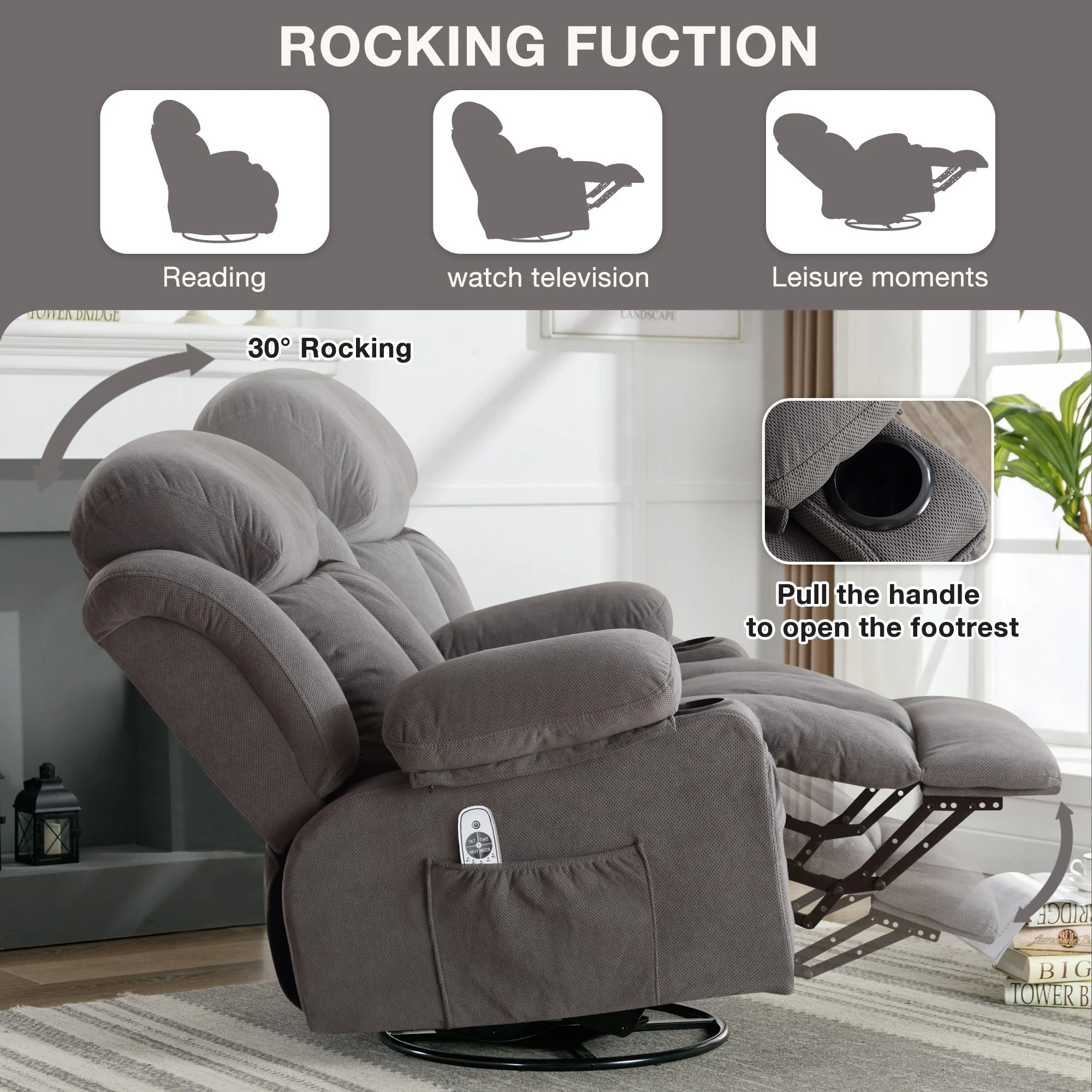 Swinging Recliner Massage Heated Sofa, With Usb And 2 Cup Holders In Side Pockets
