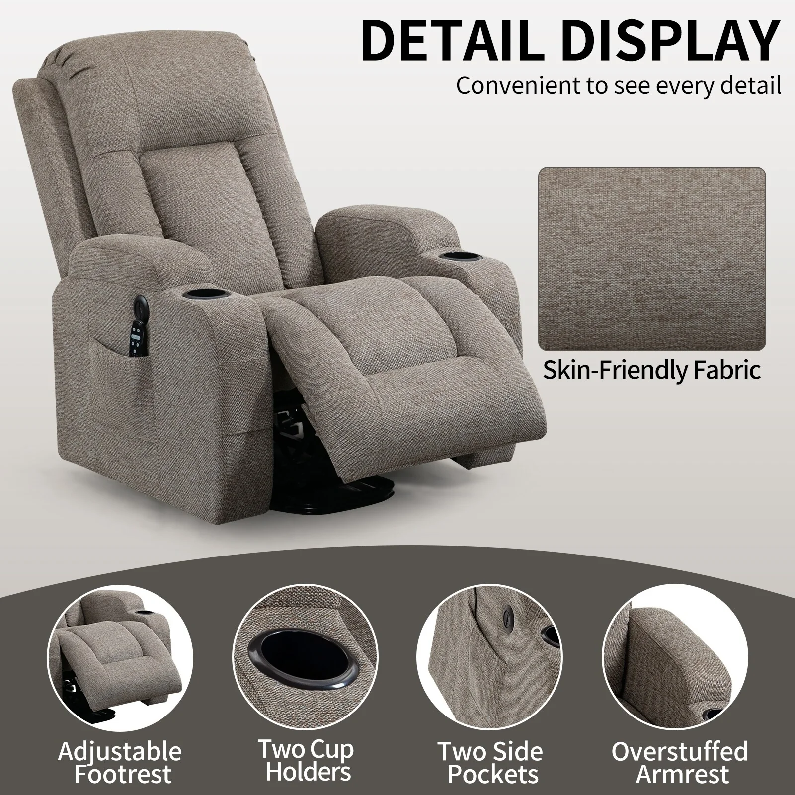 Grey Power Lift Recliner with Massage, Heat  Cup Holders