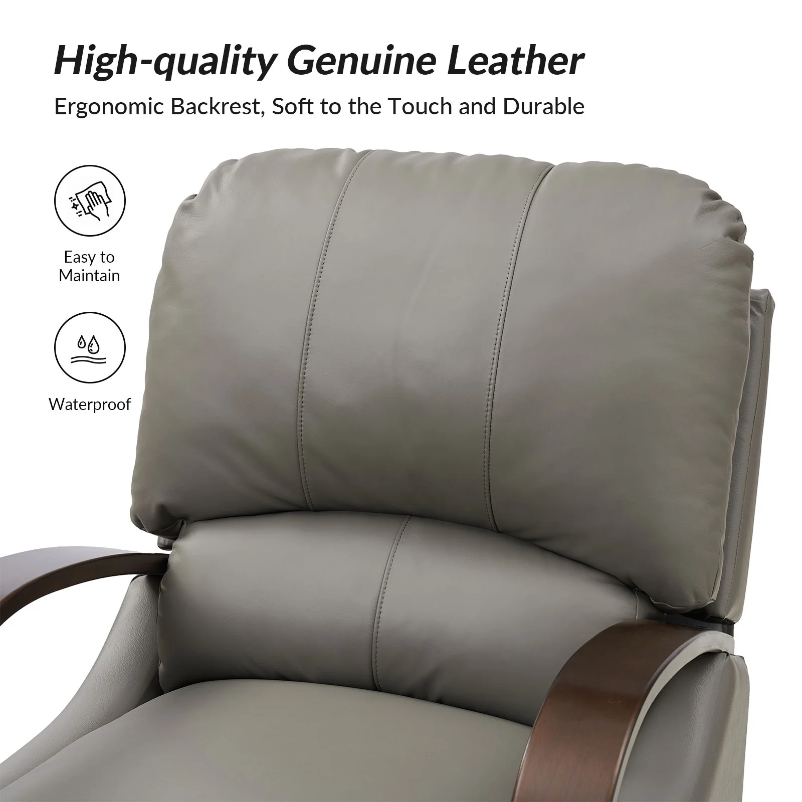 Alex Mid-century Modern Cigar Genuine Leather Manual Recliner with Wooden Curved Arms