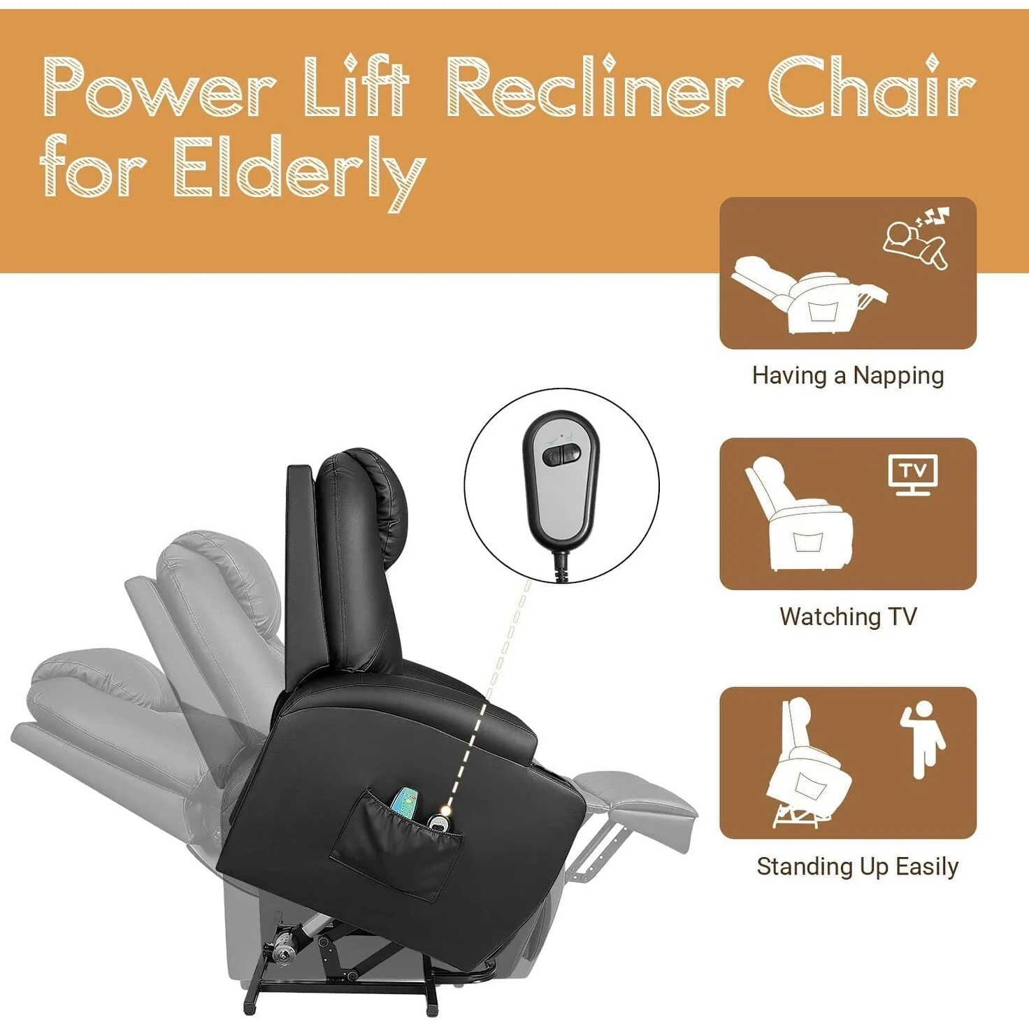 Furniwell Power Lift PU Leather Recliner with Massage and Heating