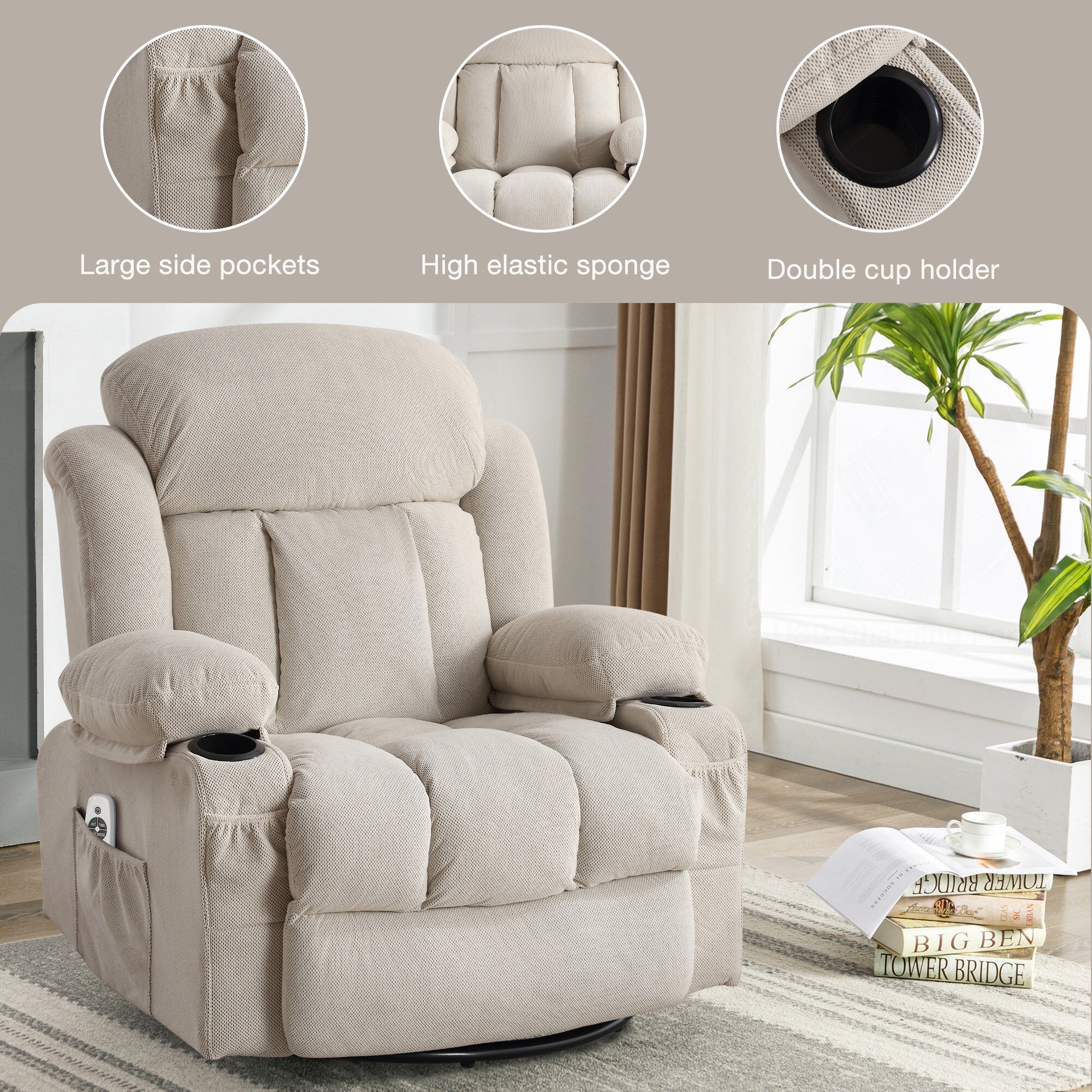 Swivel Massage Recliner Chair in Velvet with Heat & USB