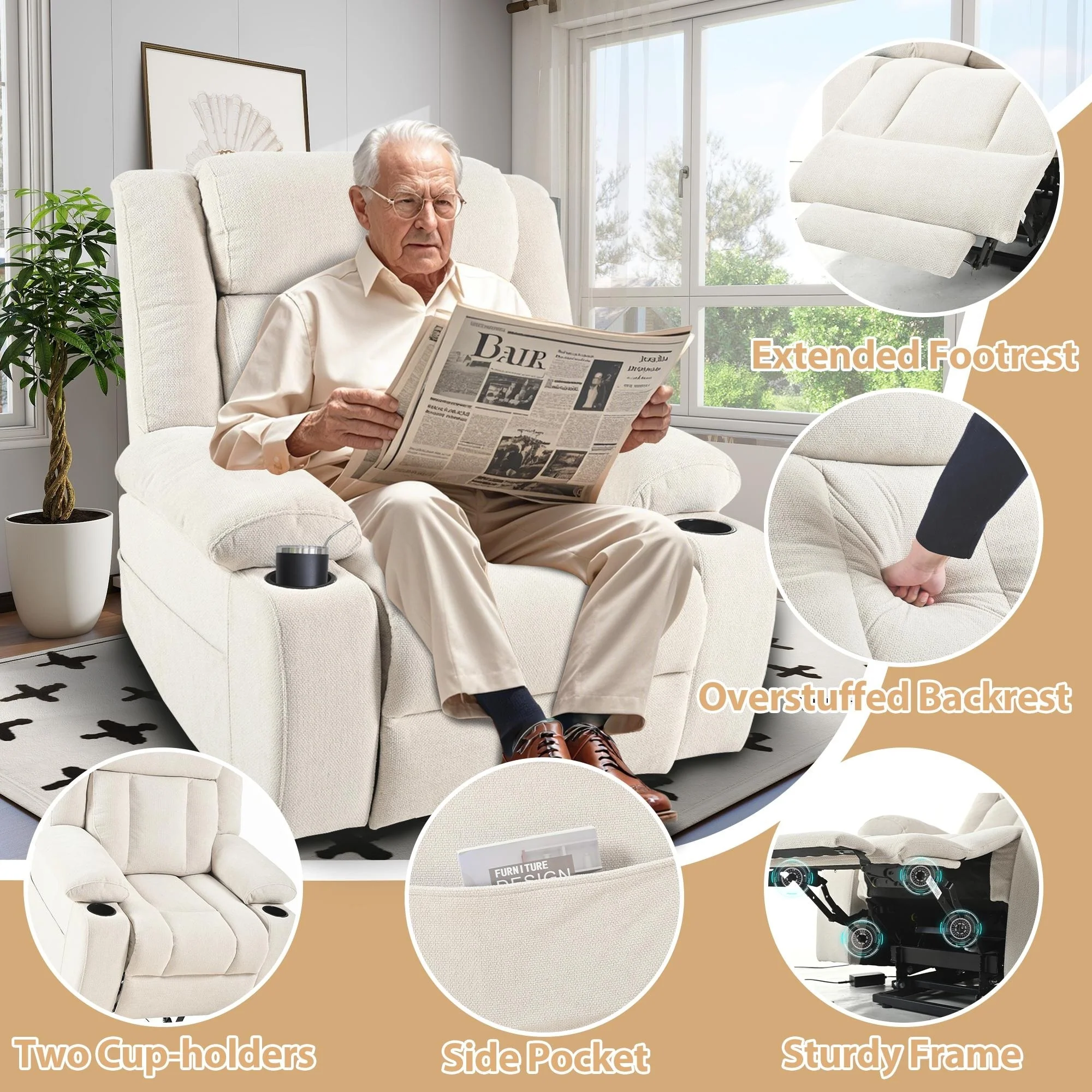 Velvet Power Lift Recliner with Footrest & Pocket