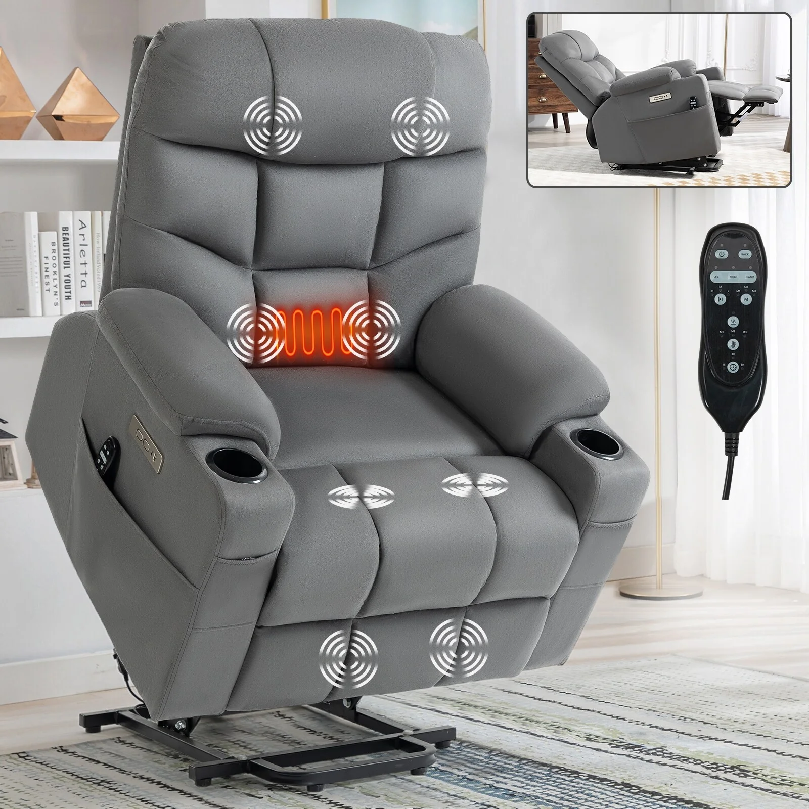 Power Lift Recliner with Okin Motor, 8-Point Vibration Massage, Lumbar Heating, USB & Type-C Ports, Dual Cup Holders