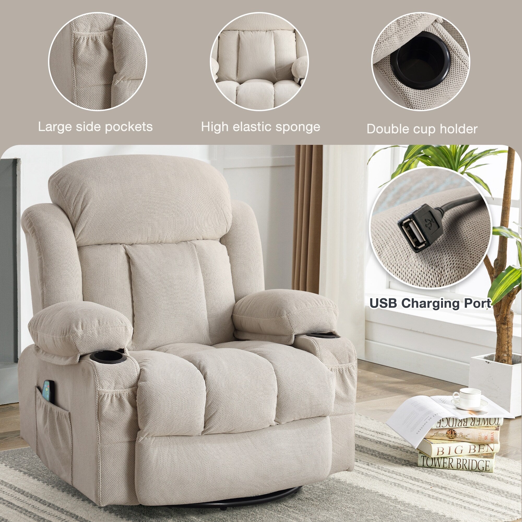 Swivel Recliner Chair with 8-Point Heated Massage - 360�� Rotation, Wired Remote, USB Rechargeable