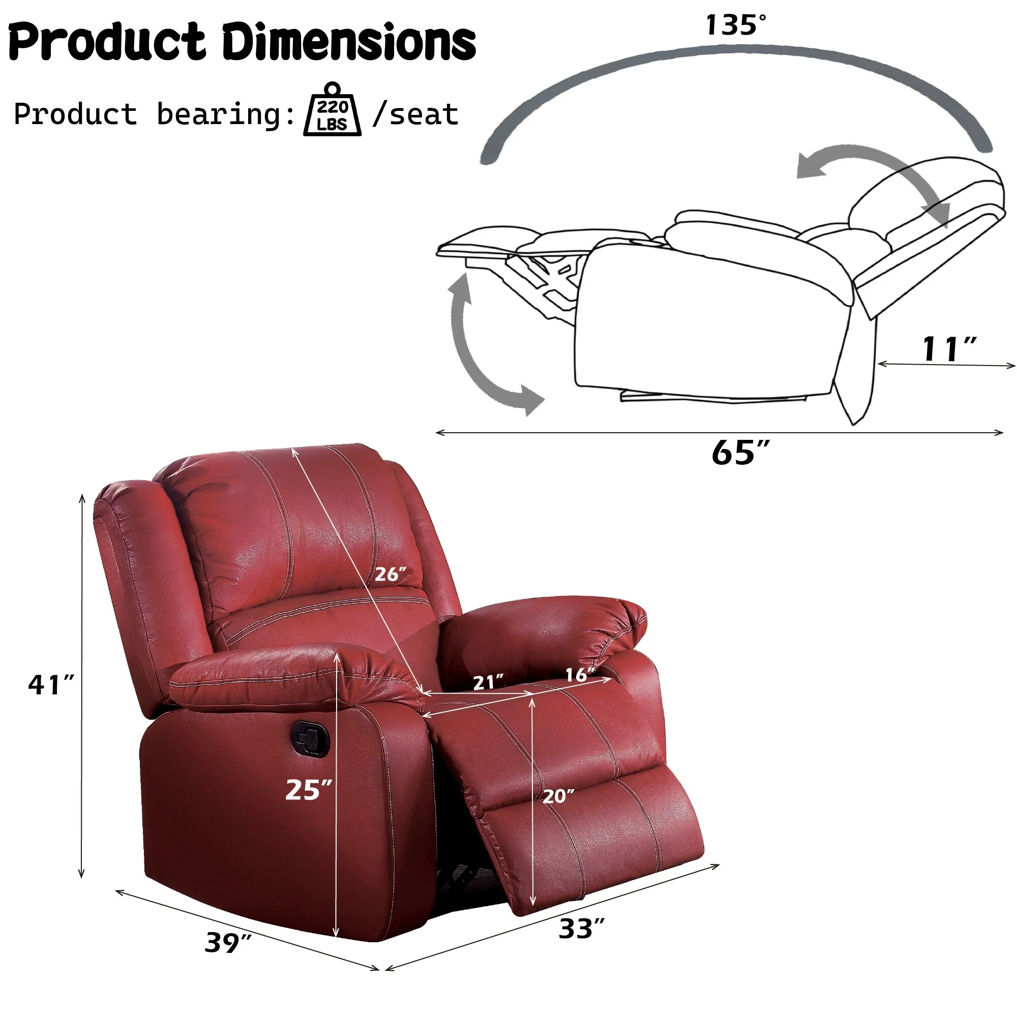 Red Synthetic Leather Motion Rocker Recliner