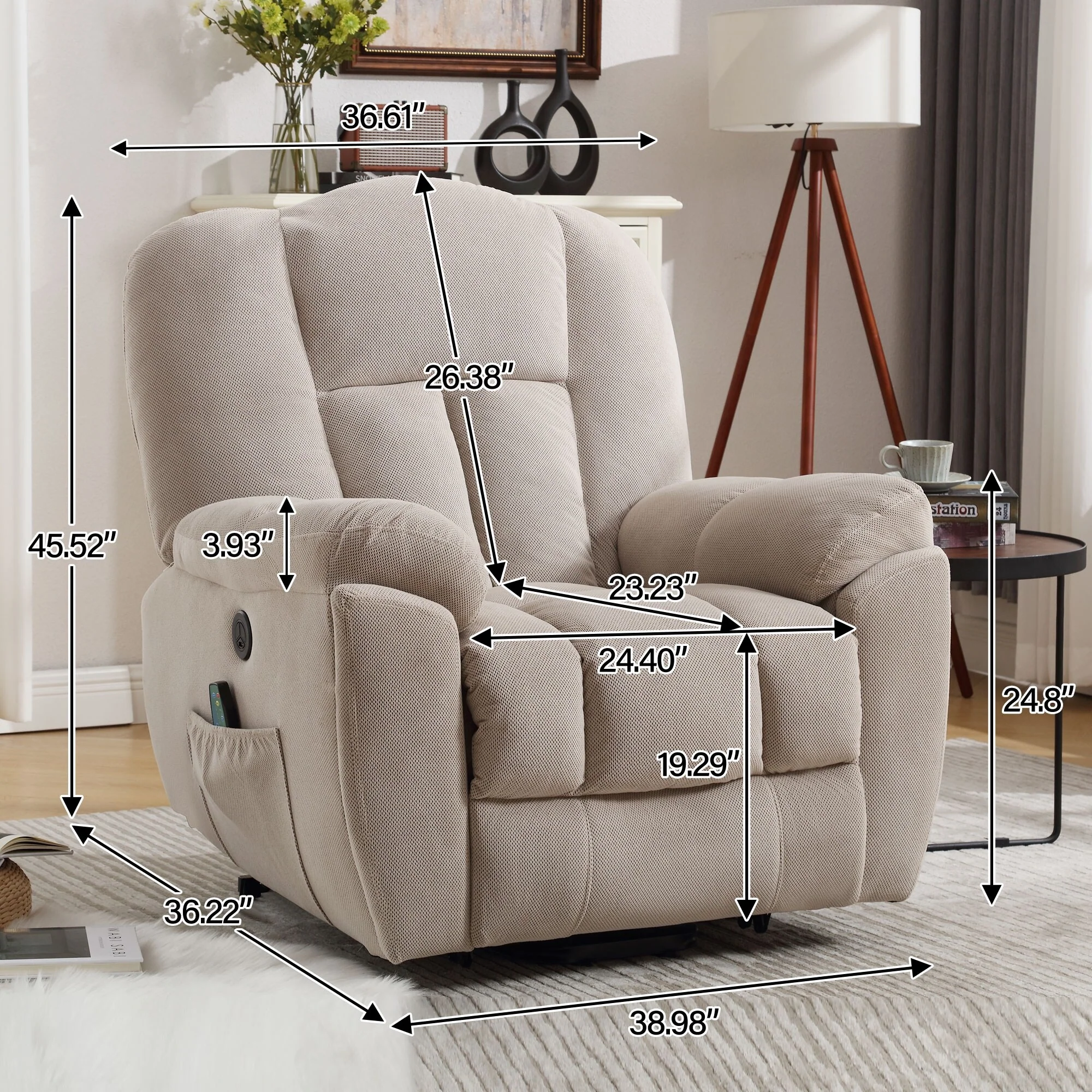 Grey Electric Power Lift Recliner with Heating, Massage, Infinite Positions, USB Charging, and Convenient Side Pockets