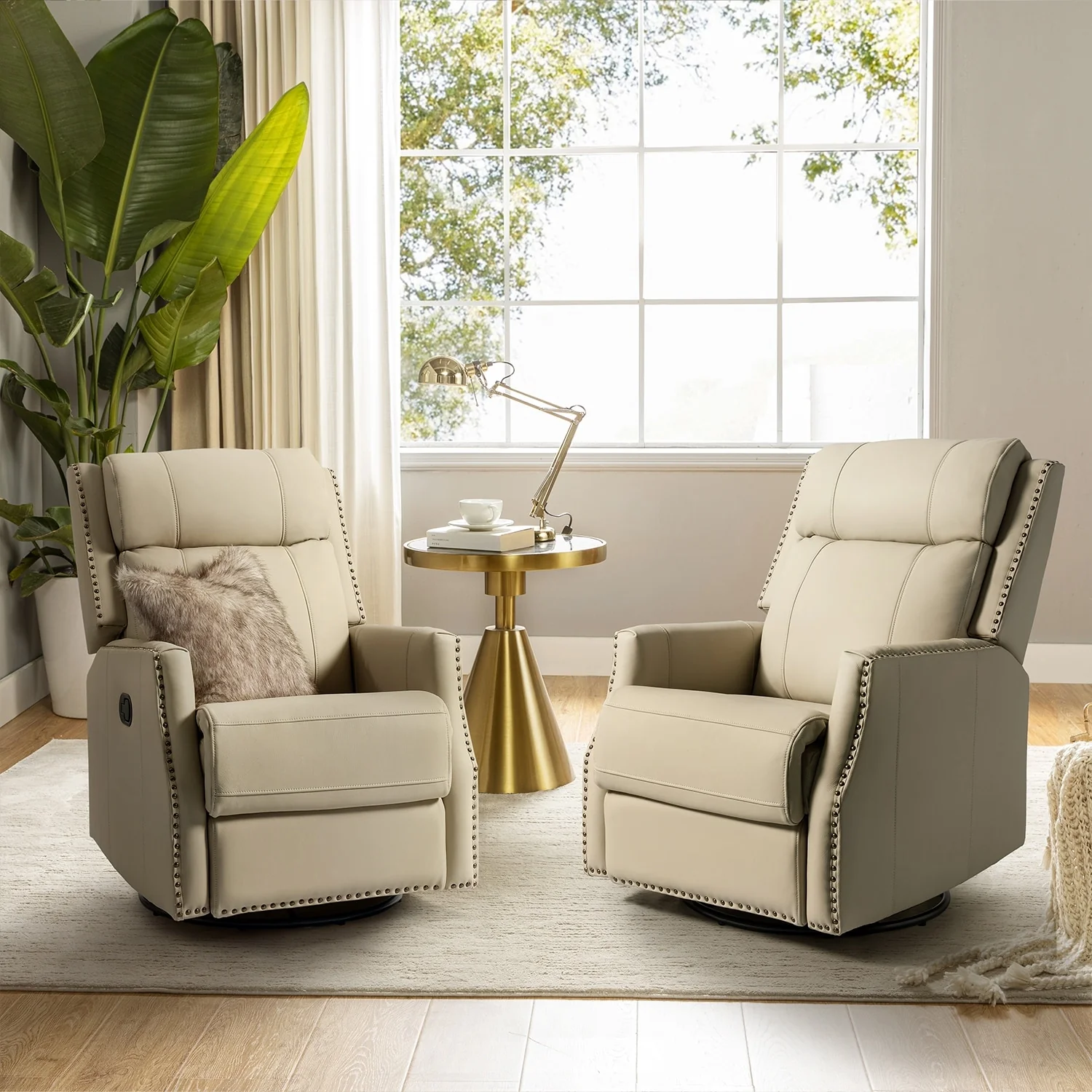 Demeter modern Genuine Leather Swivel Nursery Chair with Nailhead Trims Set of 2 by HULALA HOME