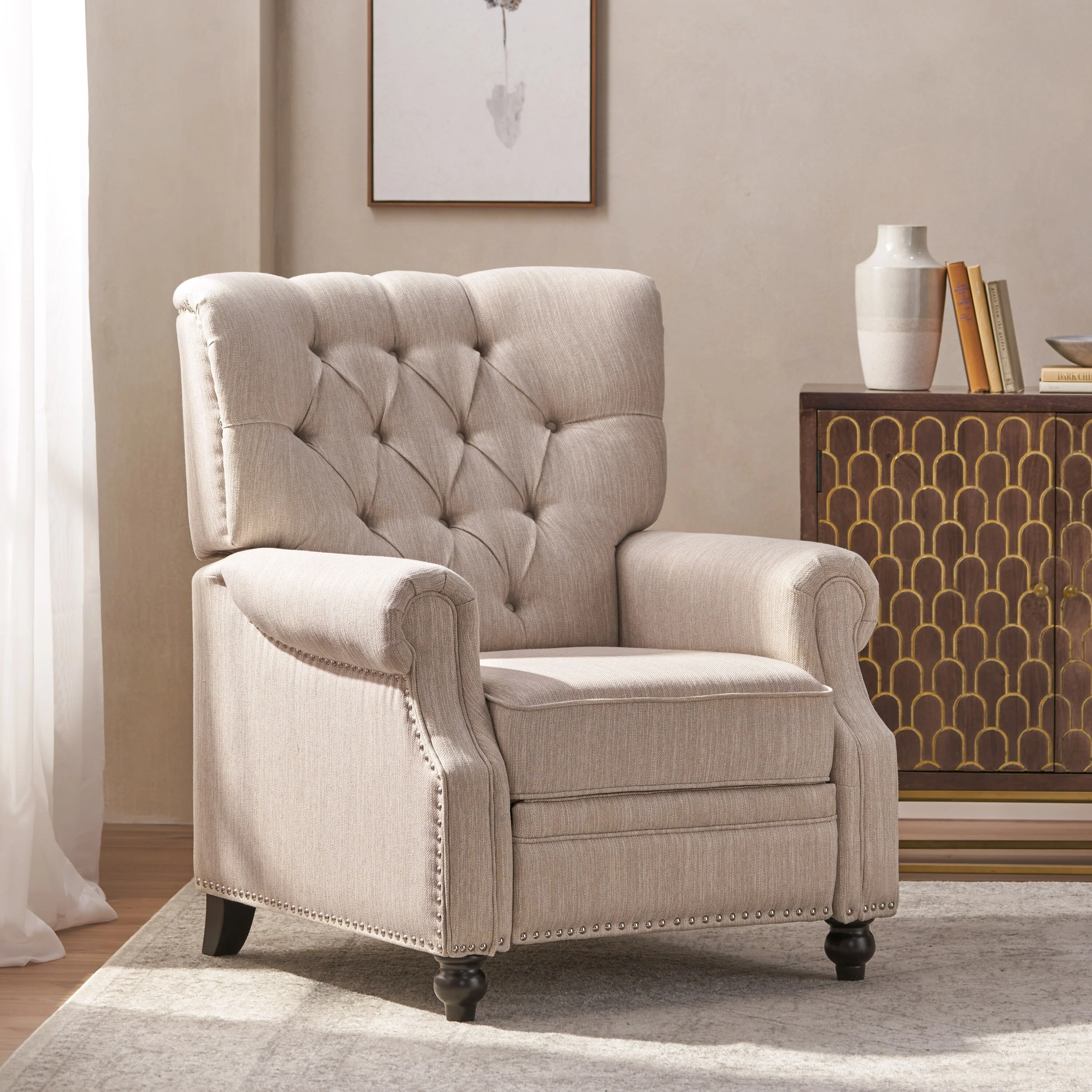 Button?Tufted Push?Back Recliner Chair with Nailhead & Rolled Arms