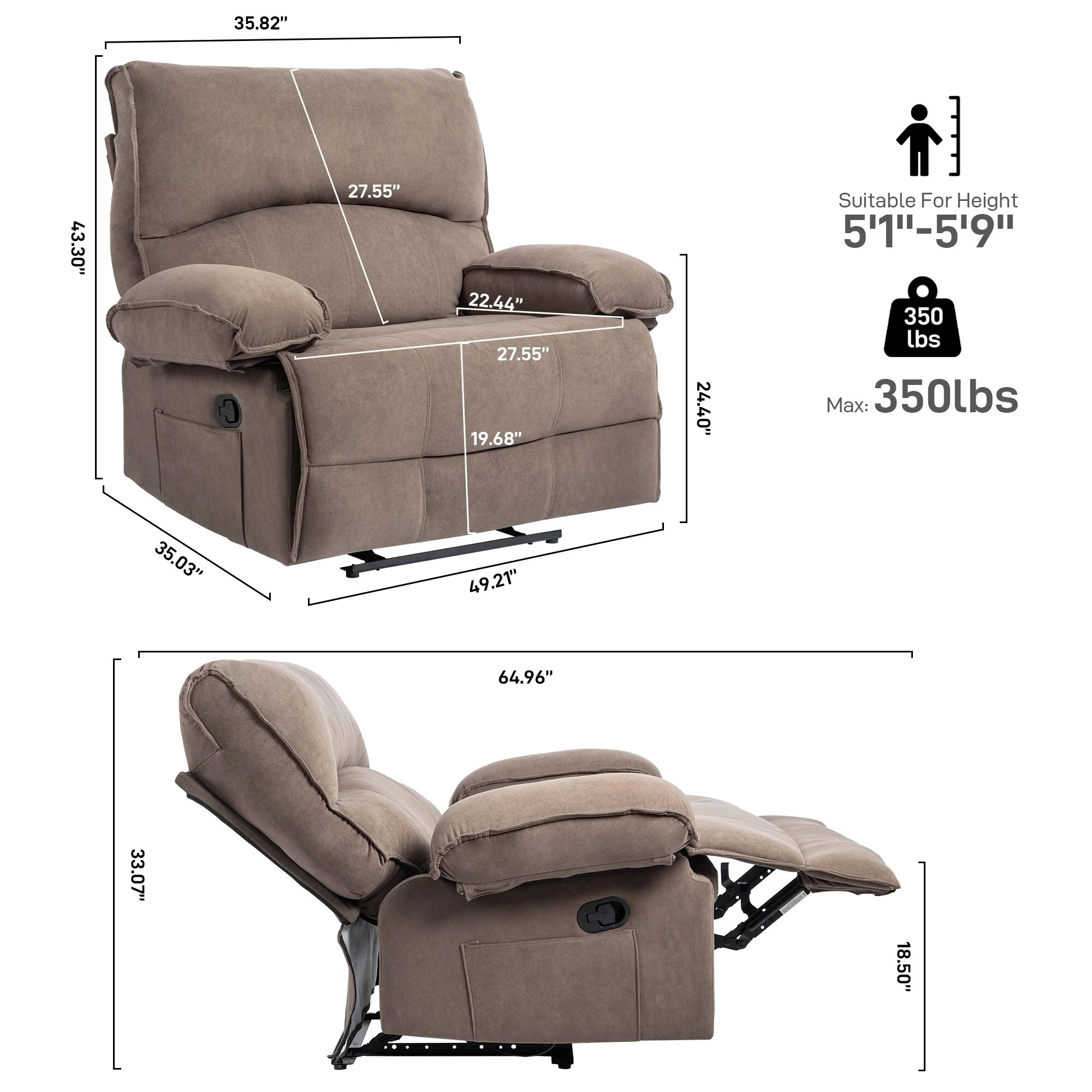 Grey Spacious Push-Back Recliner Sofa with Soft Fleece Upholstery and Heated Massage Pillow