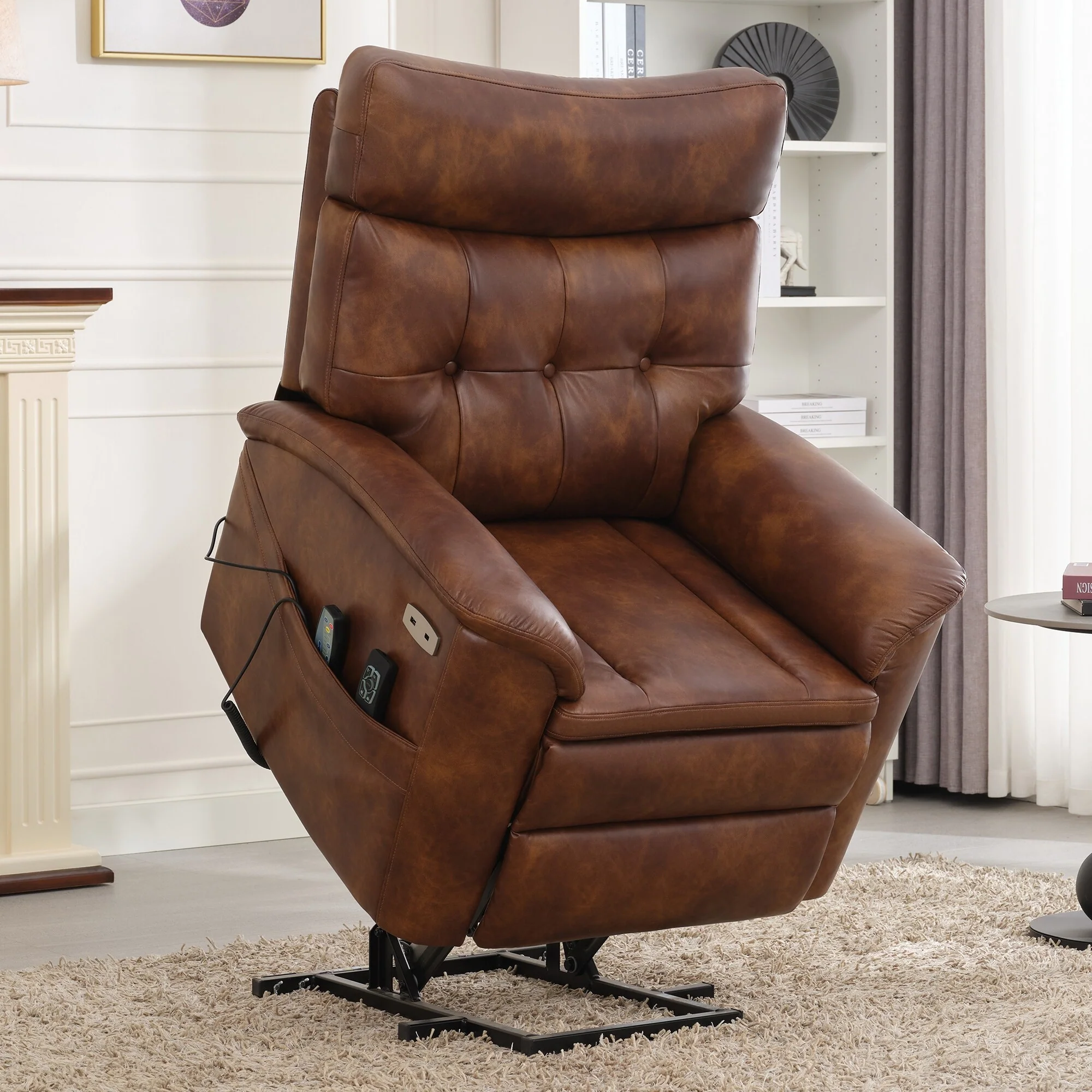Brown Dual Motor Power Lift Recliner with Massage & USB Ports