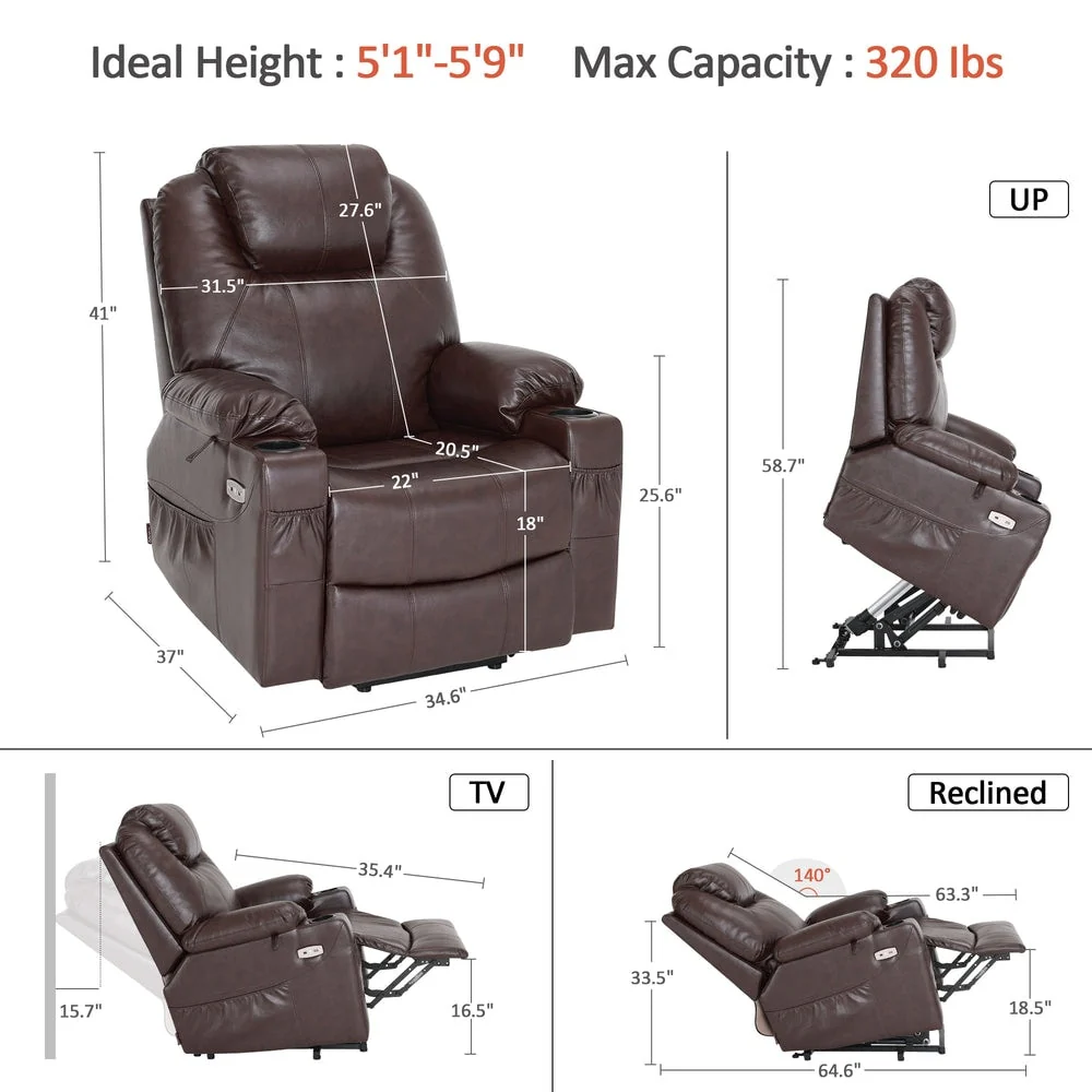 MCombo Large Power Lift Recliner Leather Chair with Massage, Heat, Cup Holders,Extended Footrest, Leather 7516