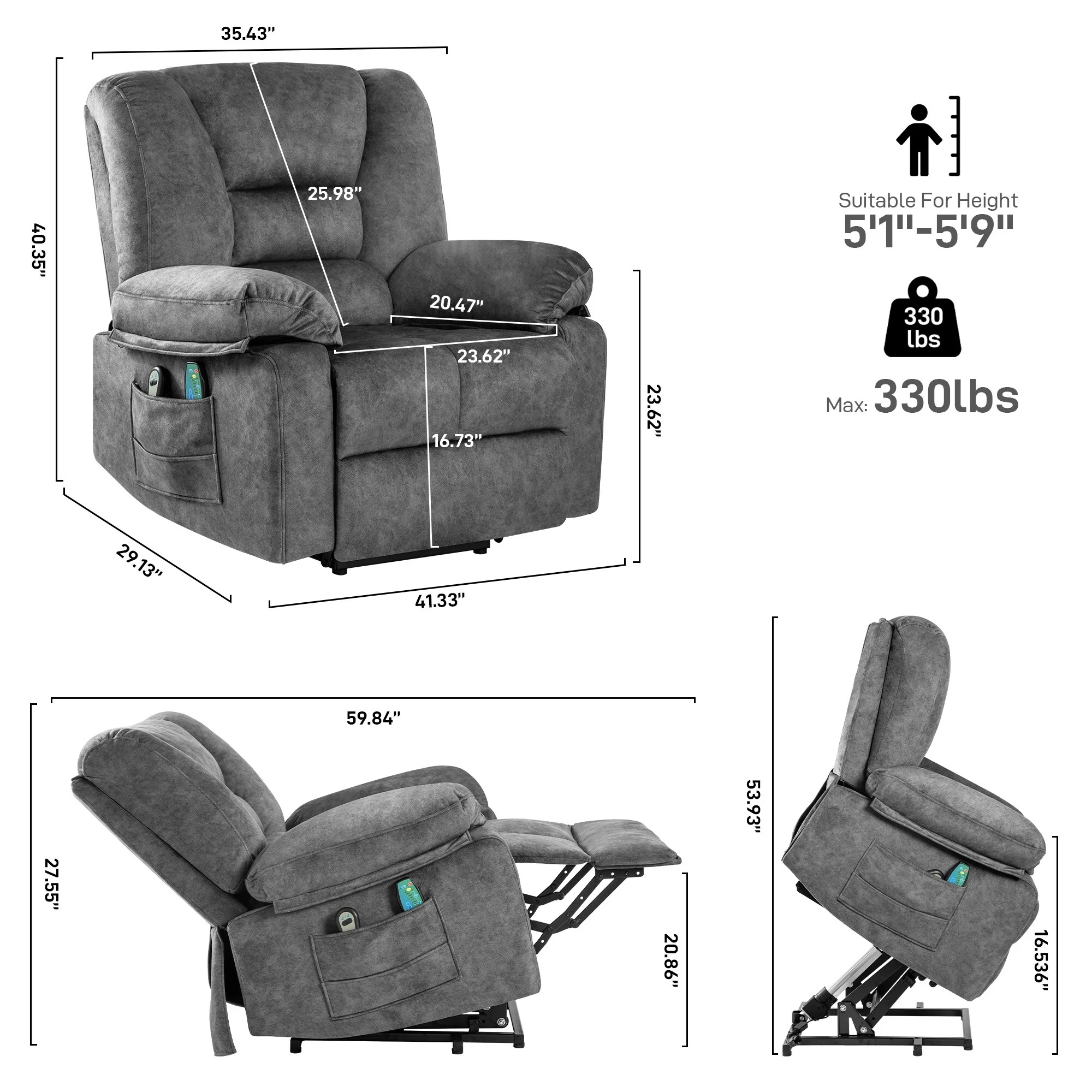 Grey Power Lift Recliner with Massage & Adjustable Positions