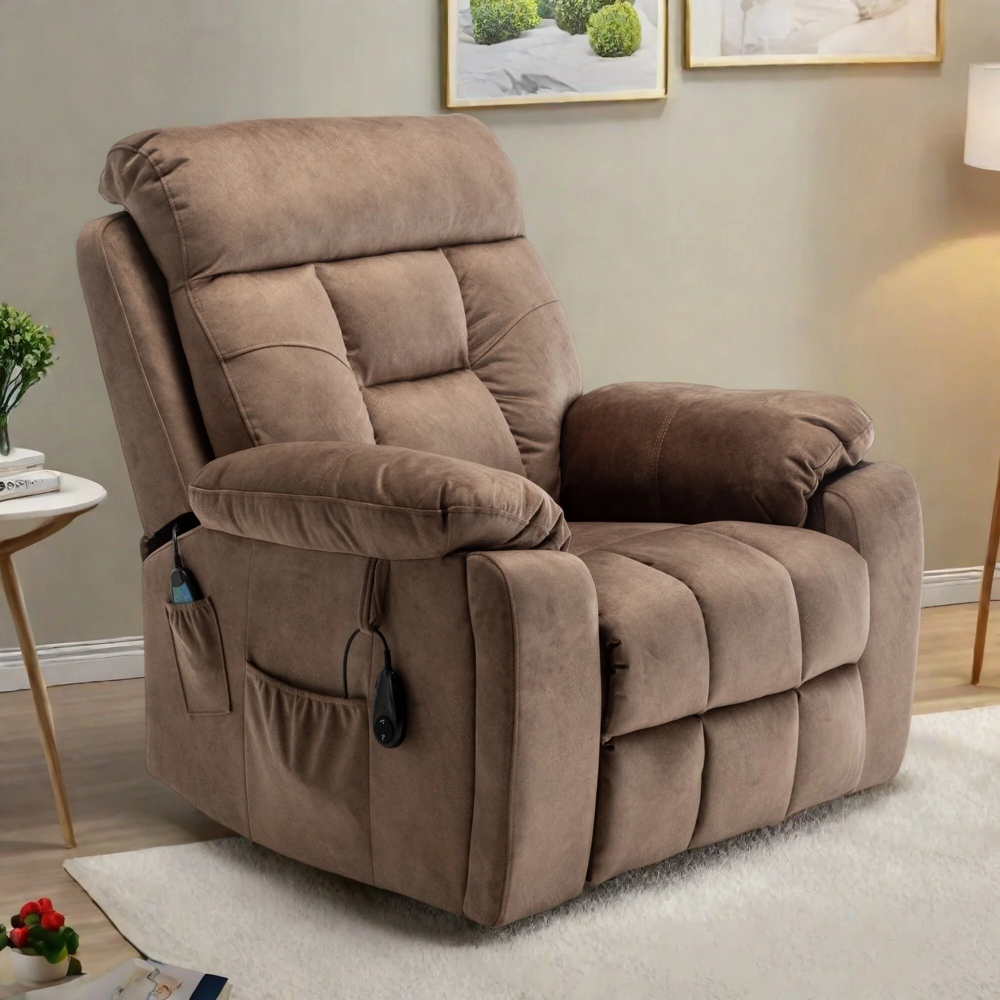 Velvet Wide Power Lift Recliner Chair with Heat, Massage, and Silent OKIN Motor