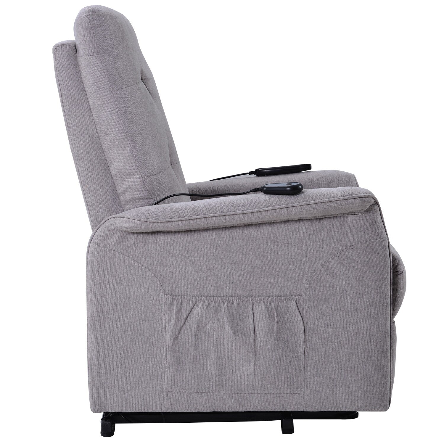 Grey Elderly Lift Recliner with Adjustable Massage, Overstuffed Cushioning, Remote Control, and Convenient Side Pockets