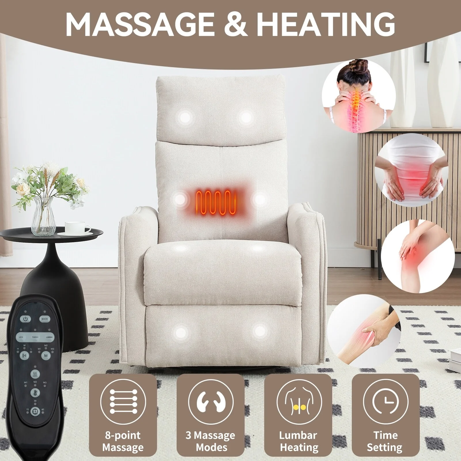 8 Point Vibration 360�� Swivel Massage Chair, Adjustable Backrest Manual Recliner Chair with Massage and Lumbar Heating