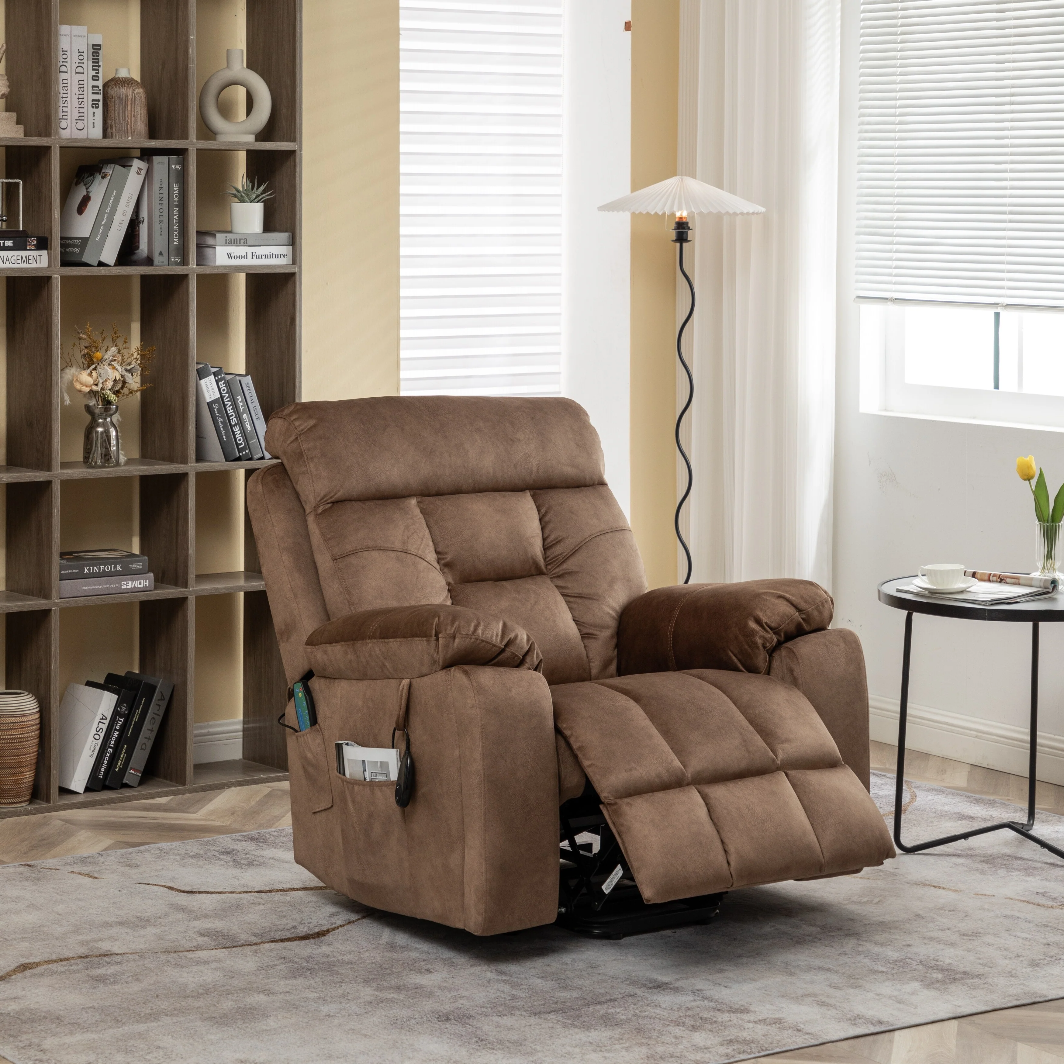 Brown Velvet Lift Recliner, Massage, Hidden Cup Holder, Pockets